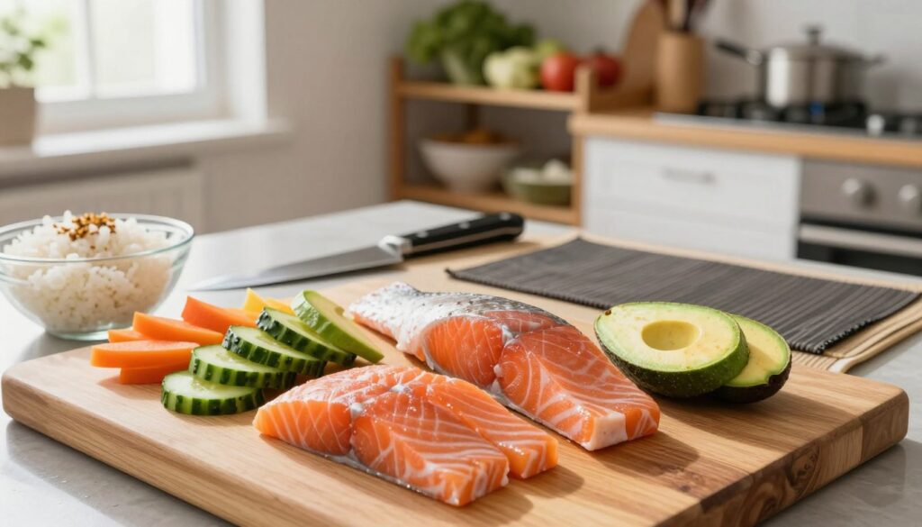 A beautiful kitchen scene showcasing the preparation of fresh fish and vegetables for sushi making. In the foreground, a wooden cutting board displays expertly sliced pieces of salmon and colorful vegetables like cucumbers and avocados, arranged artfully. In the middle, a sharp knife rests beside an open sushi mat, and a bowl of seasoned rice can be seen. The background features kitchen shelves filled with ingredients and tools, softly blurred to keep the focus on the preparation. Natural light floods the scene from a window, creating a warm and inviting atmosphere. The camera angle is slightly above eye level, offering a clear view of the work in progress, conveying a sense of culinary creativity and freshness. A beautiful kitchen scene showcasing the preparation of fresh fish and vegetables for sushi making. In the foreground, a wooden cutting board displays expertly sliced pieces of salmon and colorful vegetables like cucumbers and avocados, arranged artfully. In the middle, a sharp knife rests beside an open sushi mat, and a bowl of seasoned rice can be seen. The background features kitchen shelves filled with ingredients and tools, softly blurred to keep the focus on the preparation. Natural light floods the scene from a window, creating a warm and inviting atmosphere. The camera angle is slightly above eye level, offering a clear view of the work in progress, conveying a sense of culinary creativity and freshness.