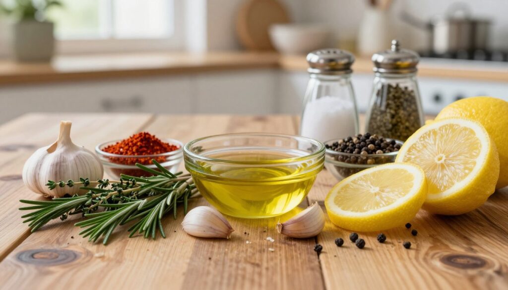 A beautiful, visually appealing composition of essential ingredients for a chicken marinade, artistically arranged on a rustic wooden table. In the foreground, vibrant sprigs of fresh herbs like rosemary and thyme are interspersed with cloves of garlic and sliced lemons, their bright colors contrasting against the warm wood. In the middle, a small bowl of olive oil glistens, surrounded by an assortment of spices such as paprika, black pepper, and salt in decorative containers. The background features a blurred kitchen setting with soft, natural light filtering through a window, creating a warm and inviting atmosphere. The focus is sharp on the ingredients, inviting the viewer to imagine the flavorful marinade to come. The overall mood is wholesome and culinary-inspired, perfect for highlighting the essence of a delicious chicken dish. A beautiful, visually appealing composition of essential ingredients for a chicken marinade, artistically arranged on a rustic wooden table. In the foreground, vibrant sprigs of fresh herbs like rosemary and thyme are interspersed with cloves of garlic and sliced lemons, their bright colors contrasting against the warm wood. In the middle, a small bowl of olive oil glistens, surrounded by an assortment of spices such as paprika, black pepper, and salt in decorative containers. The background features a blurred kitchen setting with soft, natural light filtering through a window, creating a warm and inviting atmosphere. The focus is sharp on the ingredients, inviting the viewer to imagine the flavorful marinade to come. The overall mood is wholesome and culinary-inspired, perfect for highlighting the essence of a delicious chicken dish.