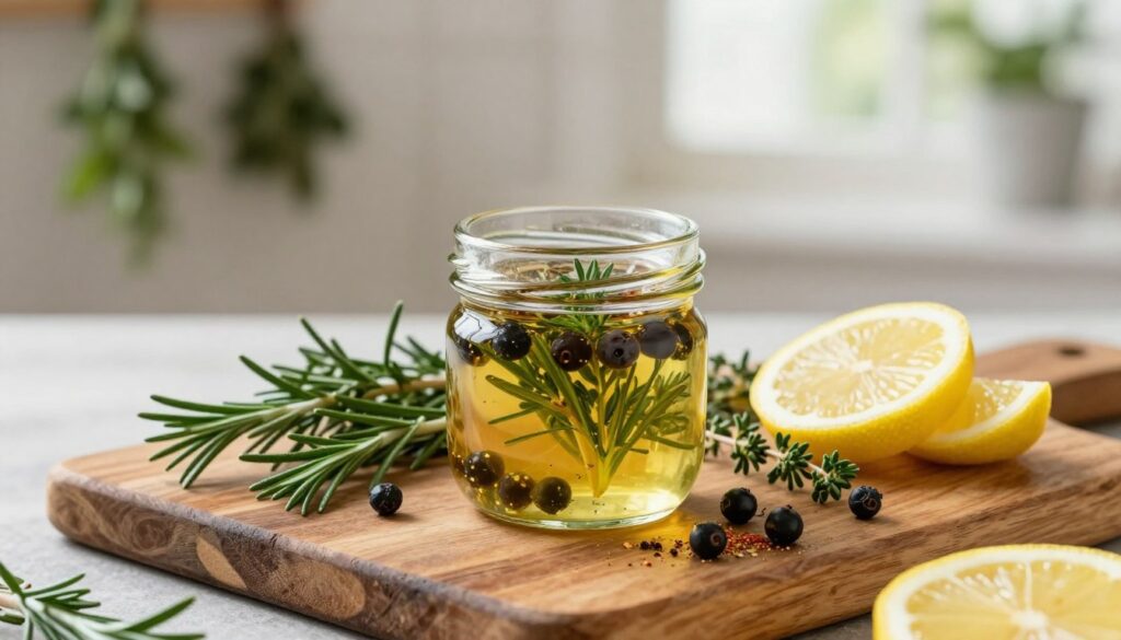 A beautifully arranged composition featuring a vibrant, aromatic marinade with juniper berries as the focal point. In the foreground, showcase a small glass jar filled with a golden liquid, glistening with fresh herbs, whole juniper berries, and a sprinkle of spices. Surround the jar with sprigs of rosemary, thyme, and slices of zesty lemon, all rendered in rich, natural colors. In the middle, display a rustic wooden cutting board, slightly weathered, adding texture to the scene. In the background, softly blurred, incorporate hints of a kitchen setting with herbs hanging from a shelf and a hint of light streaming in through a window to create a warm, inviting atmosphere. Use soft, natural lighting to enhance the freshness of the ingredients, evoking a cozy, culinary vibe. Capture from a slight overhead angle to emphasize the arrangement. A beautifully arranged composition featuring a vibrant, aromatic marinade with juniper berries as the focal point. In the foreground, showcase a small glass jar filled with a golden liquid, glistening with fresh herbs, whole juniper berries, and a sprinkle of spices. Surround the jar with sprigs of rosemary, thyme, and slices of zesty lemon, all rendered in rich, natural colors. In the middle, display a rustic wooden cutting board, slightly weathered, adding texture to the scene. In the background, softly blurred, incorporate hints of a kitchen setting with herbs hanging from a shelf and a hint of light streaming in through a window to create a warm, inviting atmosphere. Use soft, natural lighting to enhance the freshness of the ingredients, evoking a cozy, culinary vibe. Capture from a slight overhead angle to emphasize the arrangement.