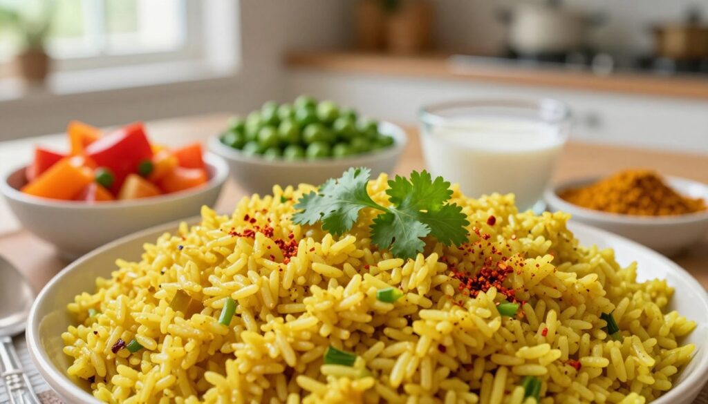 A beautifully arranged dish of curry rice, showcasing fluffy, golden grains of rice infused with vibrant yellow curry spices. In the foreground, the rice is garnished with fresh green cilantro and a sprinkle of red chili flakes, inviting a sense of warmth and flavor. In the middle, there are small bowls containing essential ingredients: diced vegetables like bell peppers and peas, along with a small container of coconut milk and spices like cumin and turmeric. The background features a softly blurred kitchen setting with natural light streaming through a window, creating an inviting and cozy atmosphere. The image should evoke a sense of home cooking and richness, captured with a slight overhead angle and warm color tones for an appetizing look.