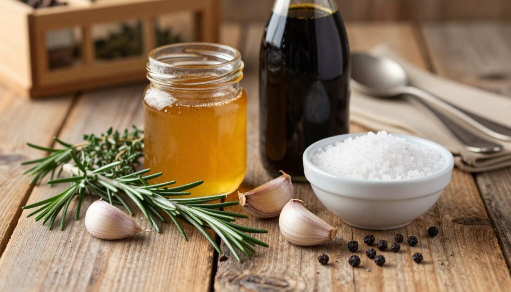 A beautifully arranged display of ingredients for a goose marinade, set on a rustic wooden table. In the foreground, showcase fresh herbs like rosemary and thyme, garlic cloves, and whole black peppercorns, all vibrant and fresh. In the middle, include a jar of honey, a bottle of rich balsamic vinegar, and a bowl of coarse sea salt, each artfully positioned to create depth. In the background, softly blurred, add a hint of a fragrant spice rack and a few vintage utensils, suggesting a cozy kitchen atmosphere. The lighting is warm and inviting, casting soft shadows and highlighting the textures of the ingredients, creating an appetizing ambiance. Aim for a close-up perspective that evokes a sense of warmth and culinary passion. A beautifully arranged display of ingredients for a goose marinade, set on a rustic wooden table. In the foreground, showcase fresh herbs like rosemary and thyme, garlic cloves, and whole black peppercorns, all vibrant and fresh. In the middle, include a jar of honey, a bottle of rich balsamic vinegar, and a bowl of coarse sea salt, each artfully positioned to create depth. In the background, softly blurred, add a hint of a fragrant spice rack and a few vintage utensils, suggesting a cozy kitchen atmosphere. The lighting is warm and inviting, casting soft shadows and highlighting the textures of the ingredients, creating an appetizing ambiance. Aim for a close-up perspective that evokes a sense of warmth and culinary passion.