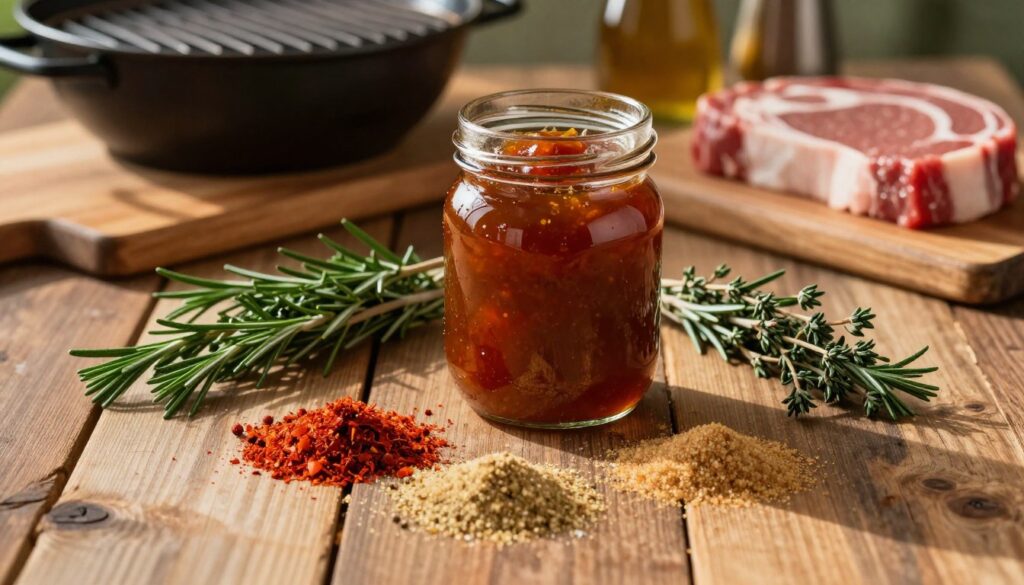 A beautifully arranged display of key ingredients for a homemade BBQ marinade on a rustic wooden table. In the foreground, vibrant spices like paprika, garlic powder, and brown sugar are artfully spread across the surface, while fresh herbs such as rosemary and thyme are neatly bundled nearby. The middle of the image features a glass jar filled with a thick, glossy marinade showcasing its glistening texture. In the background, soft-focus grilling essentials like a cutting board, a traditional grill, and fresh meat cuts evoke an inviting cooking atmosphere. Warm, golden hour lighting filters through, casting soft shadows and enhancing the earthy tones of the ingredients. Capture this scene from a slightly elevated angle to create depth and interest while maintaining a cozy and inspiring mood.