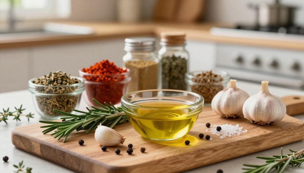 A beautifully arranged display of the best ingredients for lamb marinade, emphasizing fresh herbs and vibrant spices. In the foreground, a wooden cutting board is adorned with rosemary, thyme, garlic cloves, and a bowl of olive oil, artfully scattered with black peppercorns and sea salt. The middle layer showcases colorful spices such as paprika and cumin in small containers, neatly organized. The background features a softly blurred kitchen setting with warm, natural light streaming in, giving a cozy, inviting atmosphere. A shallow depth of field highlights the ingredients' textures, while maintaining a harmonious composition that emphasizes the marinating process. The overall mood is rustic and appetizing, perfect for capturing the essence of preparing a flavorful lamb marinade.