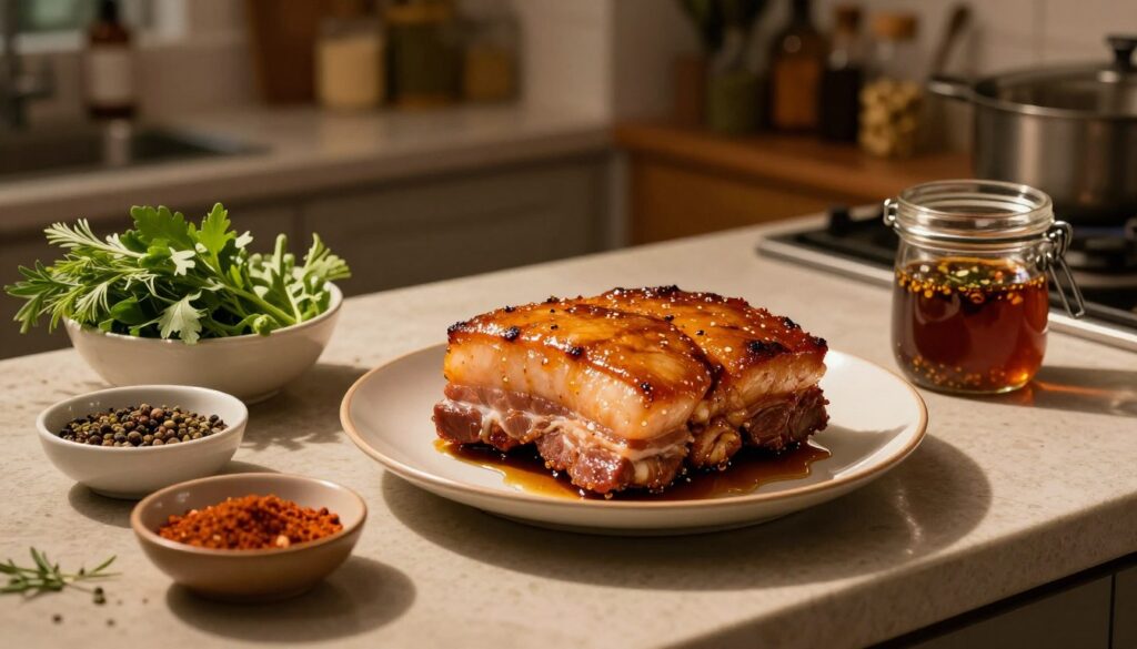 A beautifully arranged kitchen countertop at night, showcasing an elegantly plated marinated pork belly, glistening with a golden-brown glaze that suggests a crispy outer skin. The pork belly is surrounded by bowls of fresh herbs, spices, and a small glass jar of flavorful marinade, emphasizing the technique of overnight marination. The warm glow of soft, ambient light casts shadows that enhance the rich colors of the ingredients. In the background, blurred shelves filled with cooking tools and spices create a homely atmosphere. The image captures the essence of culinary preparation, with a focus on the intricate details of the marination process, inviting the viewer into the world of home cooking. The angle is slightly above eye level, providing a clear view of the pork belly and its marinade.