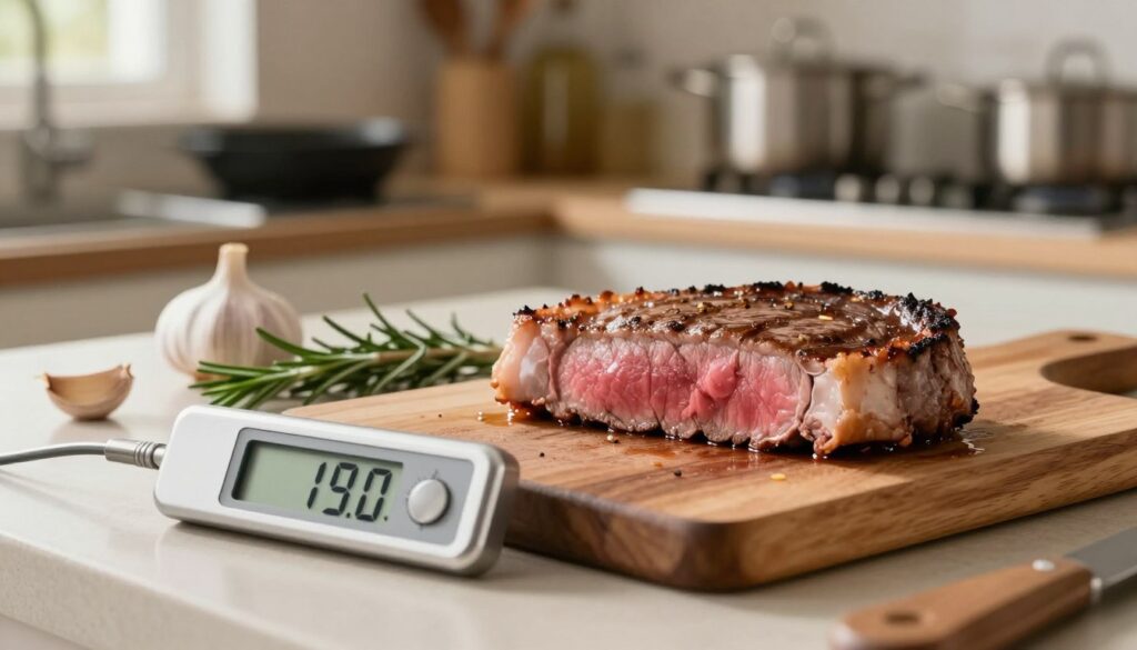 A beautifully arranged kitchen countertop featuring a perfectly cooked veal steak on a wooden cutting board, showcasing the beautiful pink interior that highlights its tenderness and juiciness. In the foreground, place a digital meat thermometer displaying an ideal temperature reading for veal, emphasizing the importance of temperature in cooking. In the middle ground, include sprigs of rosemary and garlic cloves, hinting at the marinade's aromatic ingredients. The background should capture a softly lit kitchen with blurred cooking utensils and pots, creating a warm, inviting atmosphere. Use natural light to enhance the colors and textures, and apply a slight vignette effect to focus attention on the steak and thermometer. The mood is warm and rustic, evoking a sense of culinary expertise and care in food preparation.