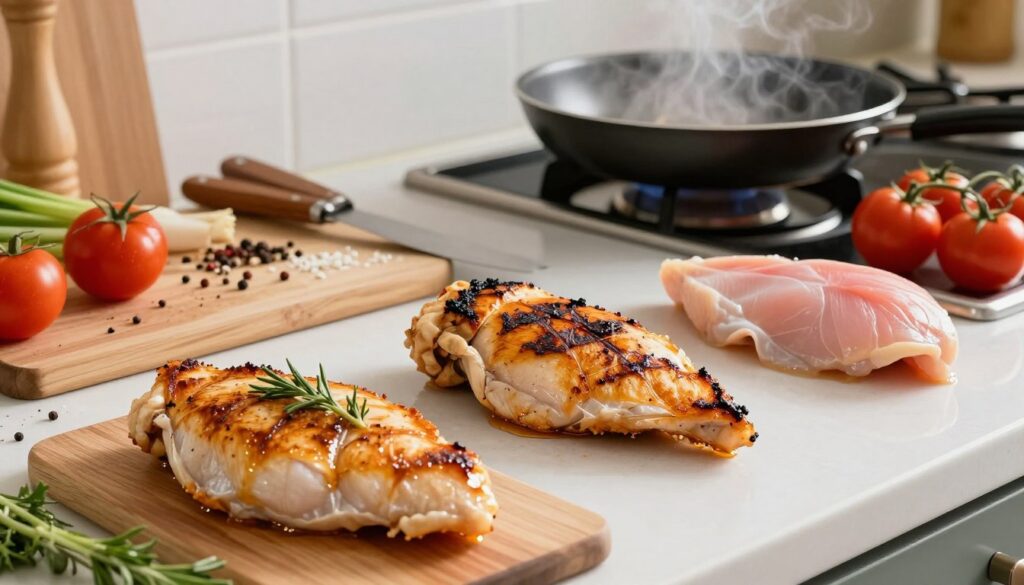 A beautifully arranged kitchen countertop featuring various chicken fillets in different stages of cooking, highlighting common cooking mistakes. In the foreground, a perfectly cooked, golden-brown filet, juicy and garnished with herbs, contrasts with two overcooked fillets: one burnt and dry, the other undercooked and pink in the center. In the middle, shiny kitchen utensils and cutting boards with scattered spices and vegetables show the preparation process. In the background, steam rises from a skillet on the stove, creating a warm, homey atmosphere. The lighting is soft and inviting, emphasizing the textures of the chicken and the vibrant colors of the ingredients. This realistic scene captures the essence of common errors in cooking chicken, aiming for an informative yet engaging visual.