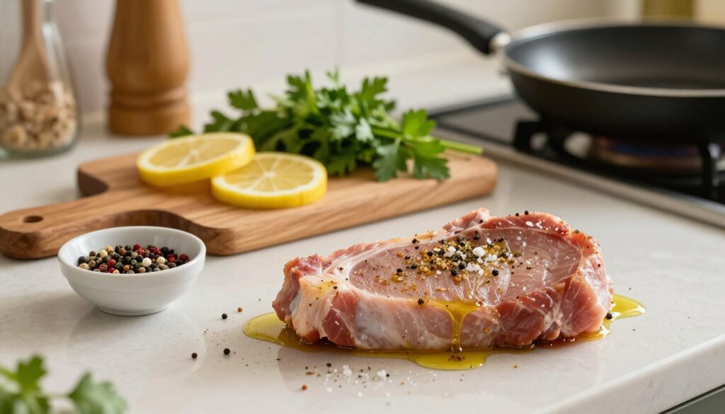 A beautifully arranged kitchen countertop scene featuring seasoned pork chops ready for frying. In the foreground, focus on a marinated pork chop sprinkled with a blend of salt, pepper, garlic powder, and herbs, glistening with olive oil. A small bowl of fresh spices and herbs sits next to it, adding a pop of color. In the middle, a wooden cutting board displays additional ingredients, like lemon slices and fresh parsley, emphasizing a fresh, inviting atmosphere. In the background, soft kitchen lighting creates a warm and cozy ambiance, while a frying pan and cooking utensils hint at the preparation process. A shallow depth of field adds a sense of intimacy to the scene, making it feel homely and appetizing. A beautifully arranged kitchen countertop scene featuring seasoned pork chops ready for frying. In the foreground, focus on a marinated pork chop sprinkled with a blend of salt, pepper, garlic powder, and herbs, glistening with olive oil. A small bowl of fresh spices and herbs sits next to it, adding a pop of color. In the middle, a wooden cutting board displays additional ingredients, like lemon slices and fresh parsley, emphasizing a fresh, inviting atmosphere. In the background, soft kitchen lighting creates a warm and cozy ambiance, while a frying pan and cooking utensils hint at the preparation process. A shallow depth of field adds a sense of intimacy to the scene, making it feel homely and appetizing.