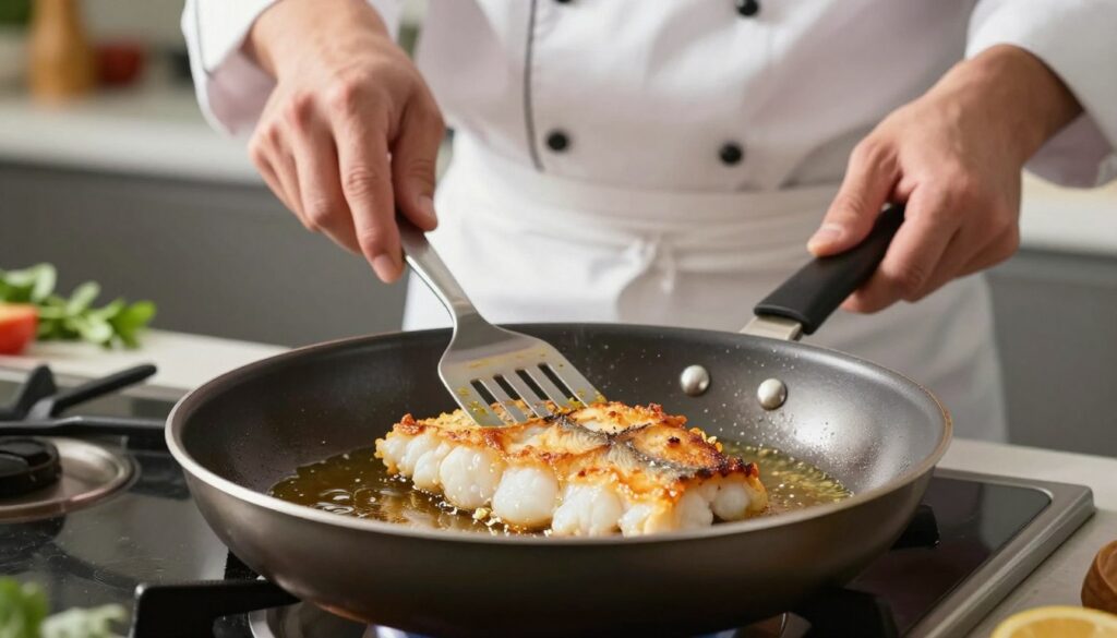 A beautifully arranged kitchen scene featuring a frying pan on a stove with a golden-brown piece of cod sizzling in oil. In the foreground, close-up view of the fish, showcasing its crispy texture and mouth-watering surface glistening with cooking oil. In the middle ground, a chef, dressed in a professional white chef's uniform, attentively flipping the fish with a spatula, focusing on achieving the perfect doneness. The background is a well-lit kitchen ambiance with hints of fresh herbs and cooking ingredients, creating a warm and inviting atmosphere. Soft, natural lighting casts gentle shadows, emphasizing the freshness of the fish and the chef's skillful preparation. The mood is vibrant and appetizing, highlighting the art of cooking cod to perfection. A beautifully arranged kitchen scene featuring a frying pan on a stove with a golden-brown piece of cod sizzling in oil. In the foreground, close-up view of the fish, showcasing its crispy texture and mouth-watering surface glistening with cooking oil. In the middle ground, a chef, dressed in a professional white chef's uniform, attentively flipping the fish with a spatula, focusing on achieving the perfect doneness. The background is a well-lit kitchen ambiance with hints of fresh herbs and cooking ingredients, creating a warm and inviting atmosphere. Soft, natural lighting casts gentle shadows, emphasizing the freshness of the fish and the chef's skillful preparation. The mood is vibrant and appetizing, highlighting the art of cooking cod to perfection.
