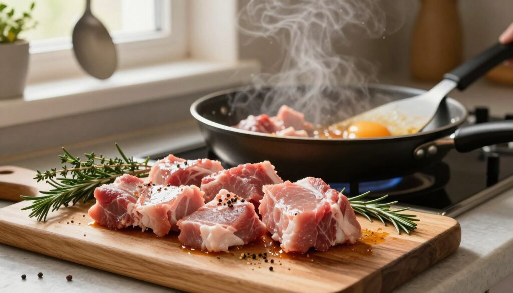 A beautifully arranged kitchen scene, focusing on the preparation of pork neck (karkówka) for cooking. In the foreground, there is a wooden cutting board with several marinated pieces of karkówka, glistening with spices, and some fresh herbs like rosemary and thyme scattered around. In the middle, a frying pan with pork sizzling, releasing enticing juices, and a spatula resting beside it. The background features kitchen elements like hanging utensils and a window letting in warm, natural light, casting a soft glow over the scene. A cozy, inviting atmosphere, with a slight steam rising from the pan, emphasizing the preparation process. The image captures the art of cooking, highlighting marination, with a focus on textures and colors that evoke a delicious anticipation.