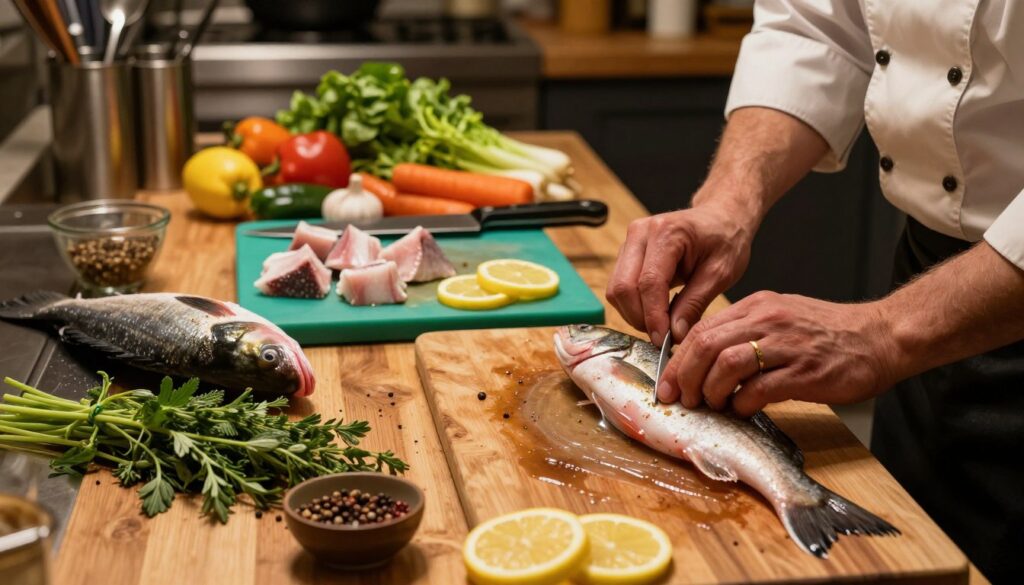 A beautifully arranged kitchen scene showcasing a variety of fresh fish being prepared. In the foreground, a chef in professional attire, carefully filleting a fish, demonstrating proper techniques to eliminate any muddy taste. Fresh herbs, lemon slices, and various spices are artfully laid out on a wooden countertop. The middle layer features a vibrant cutting board with chunks of fish and a clean filleting knife, while the background shows a softly lit kitchen with gleaming utensils and fresh vegetables. Warm, ambient lighting highlights the textures of the fish and ingredients, creating an inviting and appetizing atmosphere, evoking the essence of flavorful cooking. The angle should be slightly angled from above, focusing on the chef's meticulous work, encapsulating a moment of culinary expertise.
