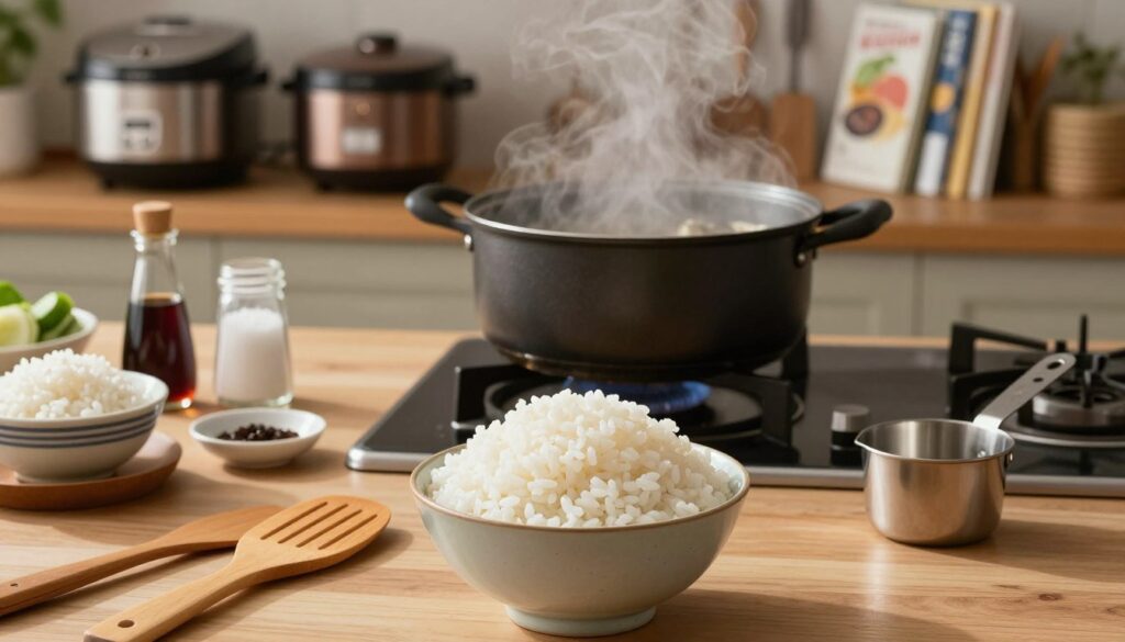 A beautifully arranged kitchen scene showcasing the methods of cooking sushi rice. In the foreground, a bowl of glistening, perfectly cooked sushi rice is surrounded by traditional utensils, such as a rice paddle and measuring cup, reflecting light softly. In the middle, a stovetop with a pot simmering, steam rising gently, with a backdrop of neatly organized ingredients like vinegar, sugar, and salt. The background features shelves filled with rice cookers and culinary books about sushi making. The lighting is warm and inviting, emphasizing the textures of the rice and the wooden kitchen elements. The atmosphere is calm and inspiring, perfect for home cooks aspiring to master sushi rice preparation. A beautifully arranged kitchen scene showcasing the methods of cooking sushi rice. In the foreground, a bowl of glistening, perfectly cooked sushi rice is surrounded by traditional utensils, such as a rice paddle and measuring cup, reflecting light softly. In the middle, a stovetop with a pot simmering, steam rising gently, with a backdrop of neatly organized ingredients like vinegar, sugar, and salt. The background features shelves filled with rice cookers and culinary books about sushi making. The lighting is warm and inviting, emphasizing the textures of the rice and the wooden kitchen elements. The atmosphere is calm and inspiring, perfect for home cooks aspiring to master sushi rice preparation.