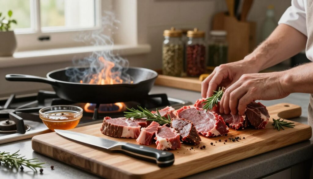 A beautifully arranged kitchen scene showcasing the step-by-step technique for preparing meat, specifically game meat. In the foreground, a wooden cutting board is laden with various marinated pieces of venison, garnished with fresh herbs and spices. A sharp chef’s knife and a small bowl of marinade are artistically placed beside the meat. The middle ground features a stove with a cast iron skillet sizzling, casting a warm glow. In the background, shelves stocked with spices and herbs create a rustic ambiance, while a window allows soft, natural light to filter in, enhancing the inviting atmosphere. The image should evoke a sense of warmth and culinary artistry, suitable for a professional culinary context. A beautifully arranged kitchen scene showcasing the step-by-step technique for preparing meat, specifically game meat. In the foreground, a wooden cutting board is laden with various marinated pieces of venison, garnished with fresh herbs and spices. A sharp chef’s knife and a small bowl of marinade are artistically placed beside the meat. The middle ground features a stove with a cast iron skillet sizzling, casting a warm glow. In the background, shelves stocked with spices and herbs create a rustic ambiance, while a window allows soft, natural light to filter in, enhancing the inviting atmosphere. The image should evoke a sense of warmth and culinary artistry, suitable for a professional culinary context.