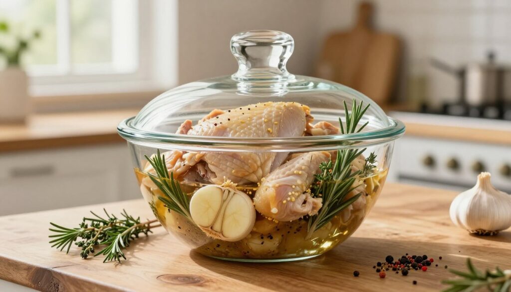 A beautifully arranged marinating vessel for chicken, featuring a spacious glass bowl with a lid, filled with vibrant, fresh ingredients such as sliced garlic, aromatic herbs like rosemary and thyme, and colorful spices. In the foreground, the marinating vessel is placed on a rustic wooden countertop. The middle ground showcases a blurred backdrop of a bright kitchen with natural light pouring in through a window, creating a warm and inviting atmosphere. The scene captures the essence of culinary preparation, emphasizing freshness and flavor. Soft shadows enhance the textures of the ingredients, evoking a sense of homely comfort and delicious anticipation. The overall mood is inviting and appetizing, perfect for illustrating the importance of choosing the right vessel for marinating. A beautifully arranged marinating vessel for chicken, featuring a spacious glass bowl with a lid, filled with vibrant, fresh ingredients such as sliced garlic, aromatic herbs like rosemary and thyme, and colorful spices. In the foreground, the marinating vessel is placed on a rustic wooden countertop. The middle ground showcases a blurred backdrop of a bright kitchen with natural light pouring in through a window, creating a warm and inviting atmosphere. The scene captures the essence of culinary preparation, emphasizing freshness and flavor. Soft shadows enhance the textures of the ingredients, evoking a sense of homely comfort and delicious anticipation. The overall mood is inviting and appetizing, perfect for illustrating the importance of choosing the right vessel for marinating.