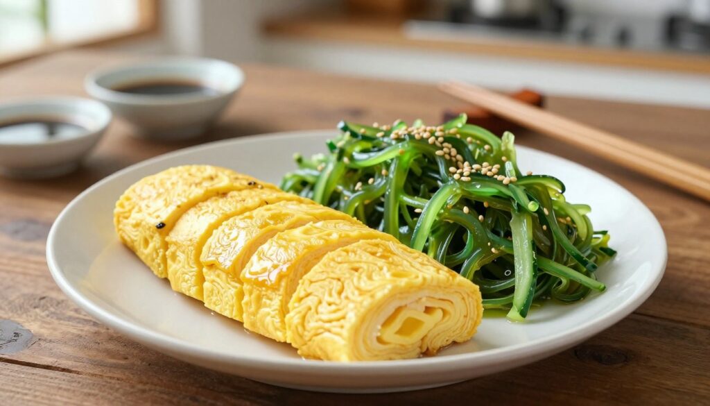 A beautifully arranged plate featuring a Japanese omelet (tamago) and a side of wakame seaweed salad. In the foreground, the tamago is sliced into perfectly even pieces, displaying its delicate, layered texture with a glossy sheen. The wakame salad is vibrant with deep green hues, sprinkled with sesame seeds and thinly sliced cucumbers. The middle ground shows a rustic wooden table setting, with chopsticks and a small soy sauce dish nearby. In the background, a softly blurred kitchen environment with natural light streaming in, creating a warm and inviting atmosphere. Capture the essence of a home-cooked meal, emphasizing the bright colors and fresh ingredients, evoking a sense of comfort and culinary artistry. A beautifully arranged plate featuring a Japanese omelet (tamago) and a side of wakame seaweed salad. In the foreground, the tamago is sliced into perfectly even pieces, displaying its delicate, layered texture with a glossy sheen. The wakame salad is vibrant with deep green hues, sprinkled with sesame seeds and thinly sliced cucumbers. The middle ground shows a rustic wooden table setting, with chopsticks and a small soy sauce dish nearby. In the background, a softly blurred kitchen environment with natural light streaming in, creating a warm and inviting atmosphere. Capture the essence of a home-cooked meal, emphasizing the bright colors and fresh ingredients, evoking a sense of comfort and culinary artistry.