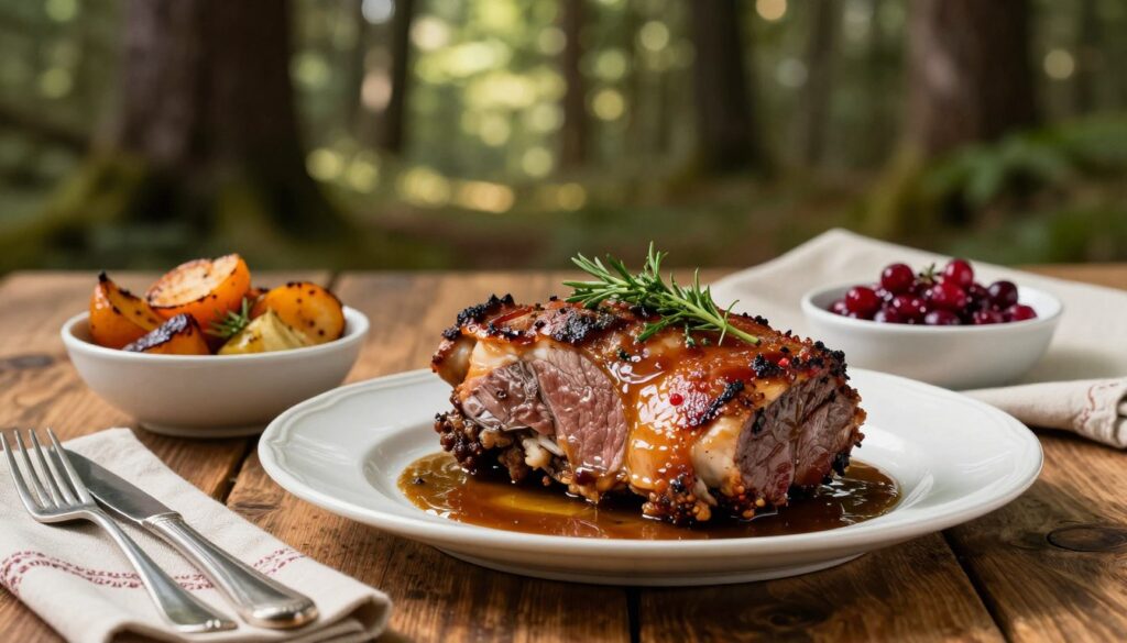 A beautifully arranged plate featuring a succulent roast of wild boar, garnished with fresh herbs and a rich, glossy marinade. In the foreground, the meat glistens under soft, warm lighting, emphasizing its tender texture and inviting aroma. Flanking the dish are small bowls filled with complementary sides like roasted root vegetables and a vibrant cranberry sauce, adding bursts of color. The middle brings a rustic wooden table, showcasing artisanal cutlery and a decorative linen napkin, enhancing the homely yet elegant feel. In the background, a gently blurred forest scene hints at the wild origins of the meat, with dappled sunlight filtering through the trees, creating a serene, inviting atmosphere that celebrates the essence of culinary craftsmanship. A beautifully arranged plate featuring a succulent roast of wild boar, garnished with fresh herbs and a rich, glossy marinade. In the foreground, the meat glistens under soft, warm lighting, emphasizing its tender texture and inviting aroma. Flanking the dish are small bowls filled with complementary sides like roasted root vegetables and a vibrant cranberry sauce, adding bursts of color. The middle brings a rustic wooden table, showcasing artisanal cutlery and a decorative linen napkin, enhancing the homely yet elegant feel. In the background, a gently blurred forest scene hints at the wild origins of the meat, with dappled sunlight filtering through the trees, creating a serene, inviting atmosphere that celebrates the essence of culinary craftsmanship.