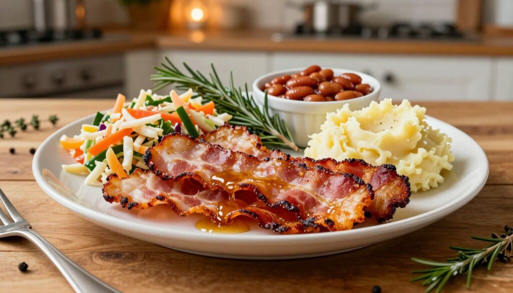A beautifully arranged plate of delicious side dishes complementing crispy bacon, placed on a wooden table. In the foreground, a generous portion of smoked bacon with a golden-brown crust, glistening with a drizzle of honey glaze. Surrounding the bacon, vibrant, colorful sides such as creamy mashed potatoes, tangy coleslaw with diverse vegetables, and a bowl of BBQ baked beans. The middle ground features fresh herbs and spices like rosemary and thyme scattered artistically around the plate. In the background, a rustic kitchen scene softly lit with warm lights, evoking a cozy, inviting atmosphere. The angle captures the essence of a hearty meal, drawing attention to the tantalizing ingredients and their textures, creating an appetizing visual experience. A beautifully arranged plate of delicious side dishes complementing crispy bacon, placed on a wooden table. In the foreground, a generous portion of smoked bacon with a golden-brown crust, glistening with a drizzle of honey glaze. Surrounding the bacon, vibrant, colorful sides such as creamy mashed potatoes, tangy coleslaw with diverse vegetables, and a bowl of BBQ baked beans. The middle ground features fresh herbs and spices like rosemary and thyme scattered artistically around the plate. In the background, a rustic kitchen scene softly lit with warm lights, evoking a cozy, inviting atmosphere. The angle captures the essence of a hearty meal, drawing attention to the tantalizing ingredients and their textures, creating an appetizing visual experience.