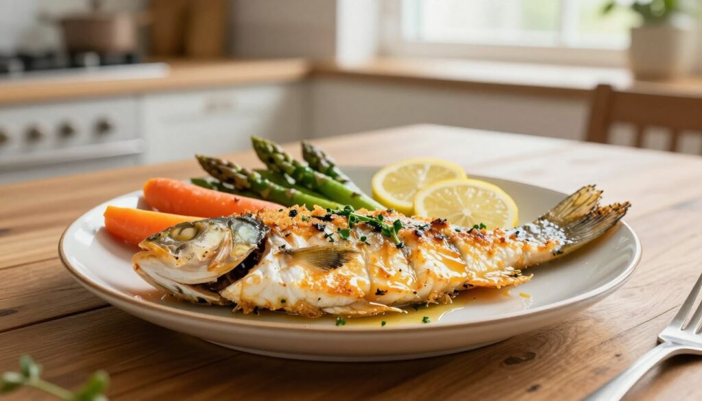 A beautifully arranged plate of perfectly cooked fish, glistening with a light golden-brown crust, showcasing its delicate, flaky texture. The fish is seasoned with fresh herbs and lemon slices, exuding an inviting aroma. In the foreground, a wooden table sets a rustic yet elegant dining context. In the middle ground, a colorful array of vibrant, steamed vegetables like asparagus and carrots complements the fish, symbolizing health and vitality. The background features a softly blurred kitchen setting, suggesting warmth and homeliness, illuminated by natural light streaming through a window. The overall mood is fresh, appetizing, and serene, enhancing the appeal of a healthy diet centered around cooked fish. The scene is captured from a slightly elevated angle to emphasize the textures and colors of the dish.