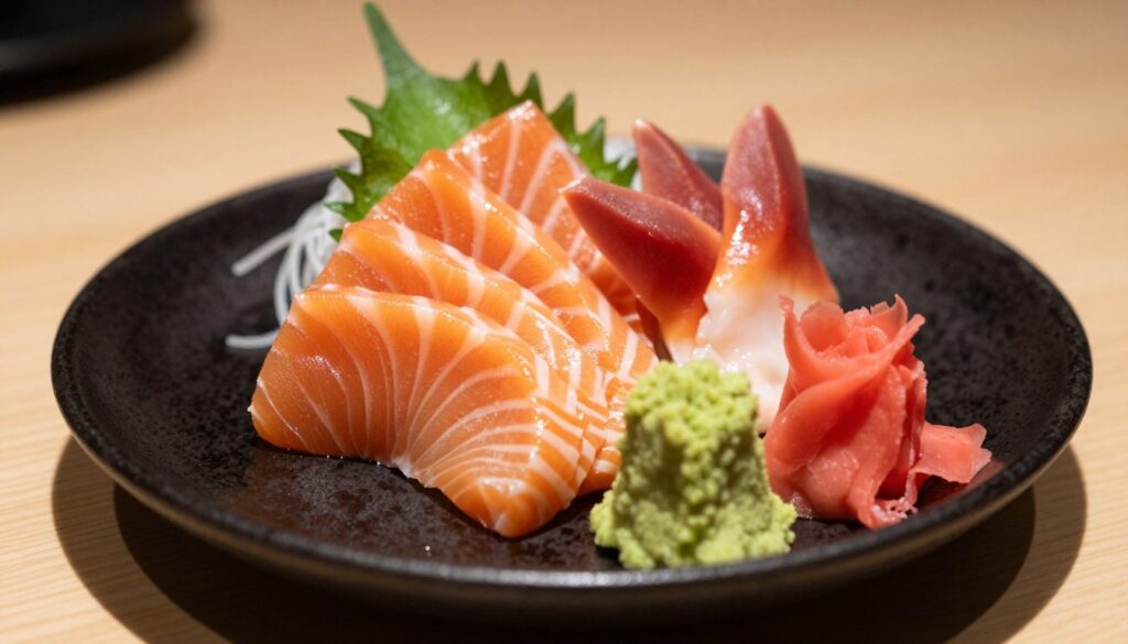A beautifully arranged plate of sashimi featuring a variety of fresh fish cuts, including salmon, tuna, and yellowtail, delicately sliced and artfully presented. The sashimi is placed on a sleek black ceramic plate, garnished with vibrant green wasabi and bright red pickled ginger, creating a striking contrast. The scene is set against a softly blurred wooden table background, enhancing the focus on the dish. Warm, natural lighting bathes the sashimi, casting gentle shadows and giving the fish a glistening, fresh appearance. The overall mood is elegant and sophisticated, evoking a sense of culinary delight and health-conscious dining.