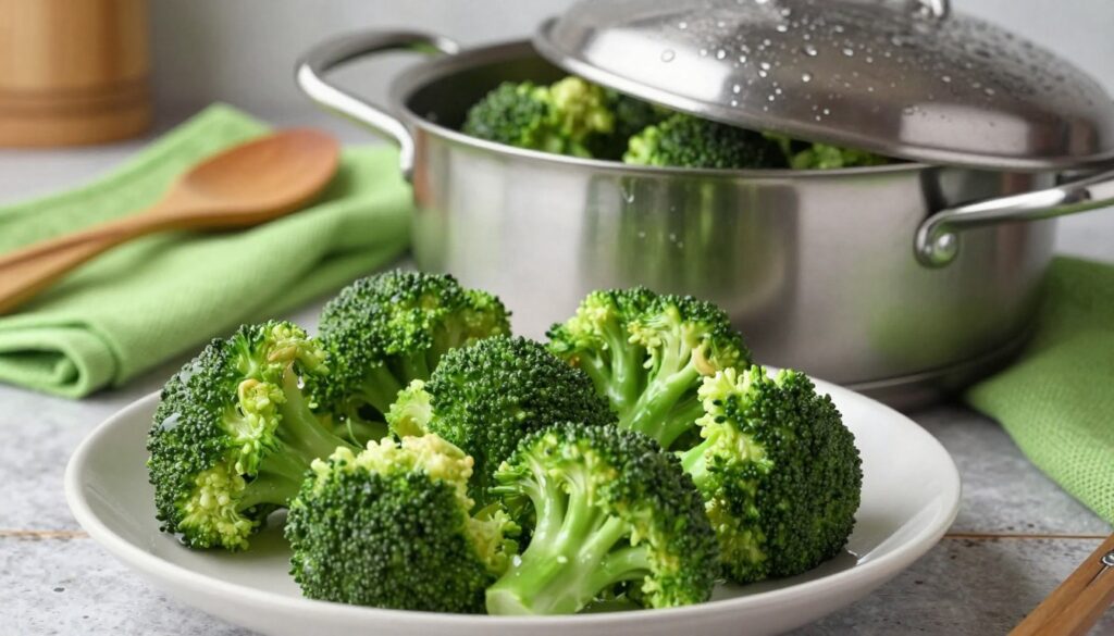 A beautifully arranged plate of steamed broccoli, showcasing its vibrant green color and firm texture. In the foreground, the broccoli florets glisten with moisture, highlighting their fresh, crisp appearance. Soft, natural lighting bathes the scene, creating an inviting atmosphere. In the middle ground, a stainless steel steamer pot sits partially open, revealing more broccoli steaming inside, with a few drops of water condensing on the lid. The background features a rustic kitchen setting, with wooden utensils and a vibrant green towel adding warmth and context. The composition emphasizes the health-conscious and vibrant aspect of alternative cooking methods, evoking a sense of culinary expertise and nutritional mindfulness. The image captures a wholesome and appealing moment in food preparation. A beautifully arranged plate of steamed broccoli, showcasing its vibrant green color and firm texture. In the foreground, the broccoli florets glisten with moisture, highlighting their fresh, crisp appearance. Soft, natural lighting bathes the scene, creating an inviting atmosphere. In the middle ground, a stainless steel steamer pot sits partially open, revealing more broccoli steaming inside, with a few drops of water condensing on the lid. The background features a rustic kitchen setting, with wooden utensils and a vibrant green towel adding warmth and context. The composition emphasizes the health-conscious and vibrant aspect of alternative cooking methods, evoking a sense of culinary expertise and nutritional mindfulness. The image captures a wholesome and appealing moment in food preparation.