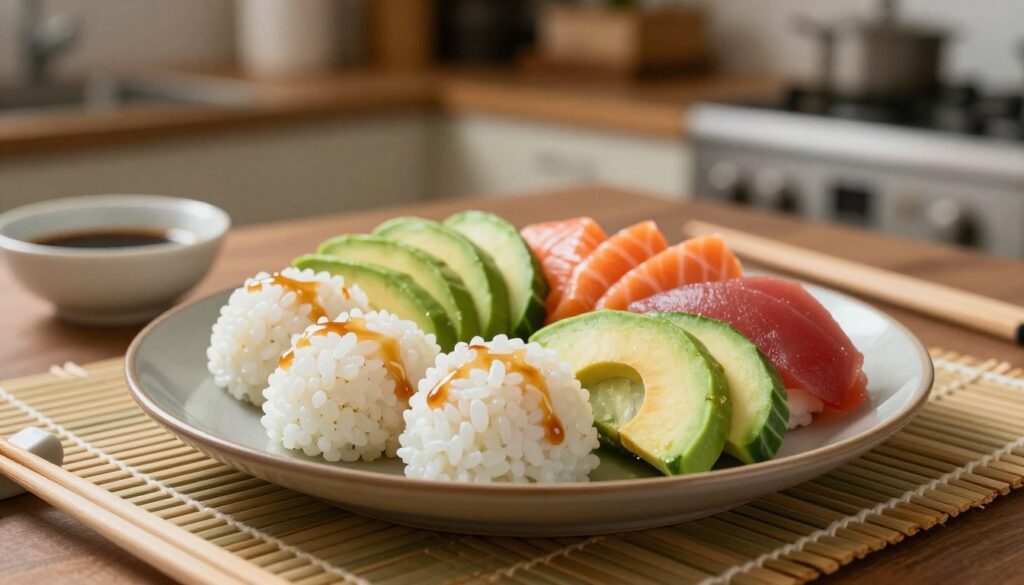 A beautifully arranged plate of sushi rice, glistening with a light sheen of rice vinegar and perfectly shaped into small mounds, is in the foreground. Surrounding the rice are vibrant ingredients such as finely sliced avocado, bright cucumber, and colorful fish like salmon and tuna, showcasing both traditional and colorful sushi variations. The middle ground includes bamboo sushi mats and a small bowl of soy sauce, with a pair of chopsticks elegantly placed beside the plate. The background features a softly blurred Japanese kitchen scene, with warm ambient lighting that evokes a cozy, inviting atmosphere. The composition should highlight the textures of the rice and ingredients, captured with a shallow depth of field, creating a focus on the dish while maintaining a harmonious culinary setting that inspires the viewer. A beautifully arranged plate of sushi rice, glistening with a light sheen of rice vinegar and perfectly shaped into small mounds, is in the foreground. Surrounding the rice are vibrant ingredients such as finely sliced avocado, bright cucumber, and colorful fish like salmon and tuna, showcasing both traditional and colorful sushi variations. The middle ground includes bamboo sushi mats and a small bowl of soy sauce, with a pair of chopsticks elegantly placed beside the plate. The background features a softly blurred Japanese kitchen scene, with warm ambient lighting that evokes a cozy, inviting atmosphere. The composition should highlight the textures of the rice and ingredients, captured with a shallow depth of field, creating a focus on the dish while maintaining a harmonious culinary setting that inspires the viewer.