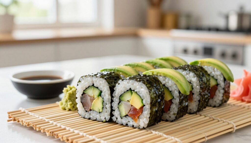 A beautifully arranged plate of uramaki sushi rolls, showcasing vibrant colors and fresh ingredients. The foreground features a close-up of several expertly rolled uramaki, with glossy nori wrapping around rice, avocado, cucumber, and slices of fish. Highlight the texture of the nori and the glossy sheen of the sushi. In the middle, include a bamboo sushi mat and a small bowl of soy sauce, garnished with wasabi and pickled ginger. The background should be softly blurred, resembling a modern kitchen with natural light streaming through a window, creating a warm and inviting atmosphere. The overall mood is focused and appetizing, emphasizing skillful sushi preparation techniques.