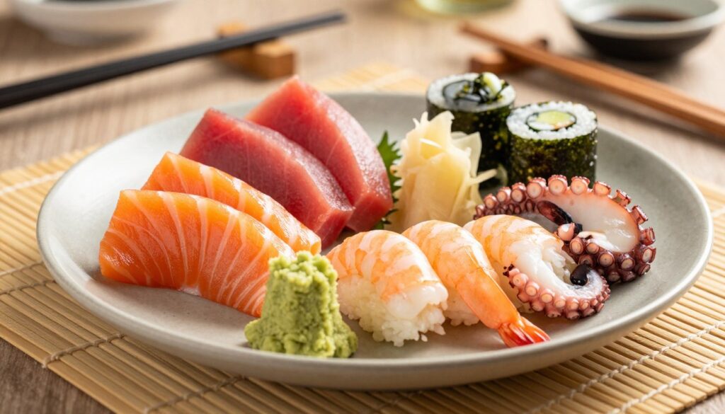 A beautifully arranged platter of classic sushi ingredients featuring fresh fish and seafood. In the foreground, highlight vibrant slices of salmon, tuna, and eel, accompanied by glistening shrimp and perfectly cooked octopus. In the middle ground, display delicate garnishes such as wasabi and pickled ginger, with decorative seaweed rolls elegantly placed around the seafood. The background should subtly feature a blurred bamboo mat and soft-focus kitchen utensils, creating a cozy culinary atmosphere. Utilize warm, natural lighting to enhance the colors and textures, casting gentle shadows that evoke a welcoming ambiance. Capture this scene from a slightly elevated angle, to showcase the artistry of the arrangement while maintaining a clean, polished look. A beautifully arranged platter of classic sushi ingredients featuring fresh fish and seafood. In the foreground, highlight vibrant slices of salmon, tuna, and eel, accompanied by glistening shrimp and perfectly cooked octopus. In the middle ground, display delicate garnishes such as wasabi and pickled ginger, with decorative seaweed rolls elegantly placed around the seafood. The background should subtly feature a blurred bamboo mat and soft-focus kitchen utensils, creating a cozy culinary atmosphere. Utilize warm, natural lighting to enhance the colors and textures, casting gentle shadows that evoke a welcoming ambiance. Capture this scene from a slightly elevated angle, to showcase the artistry of the arrangement while maintaining a clean, polished look.