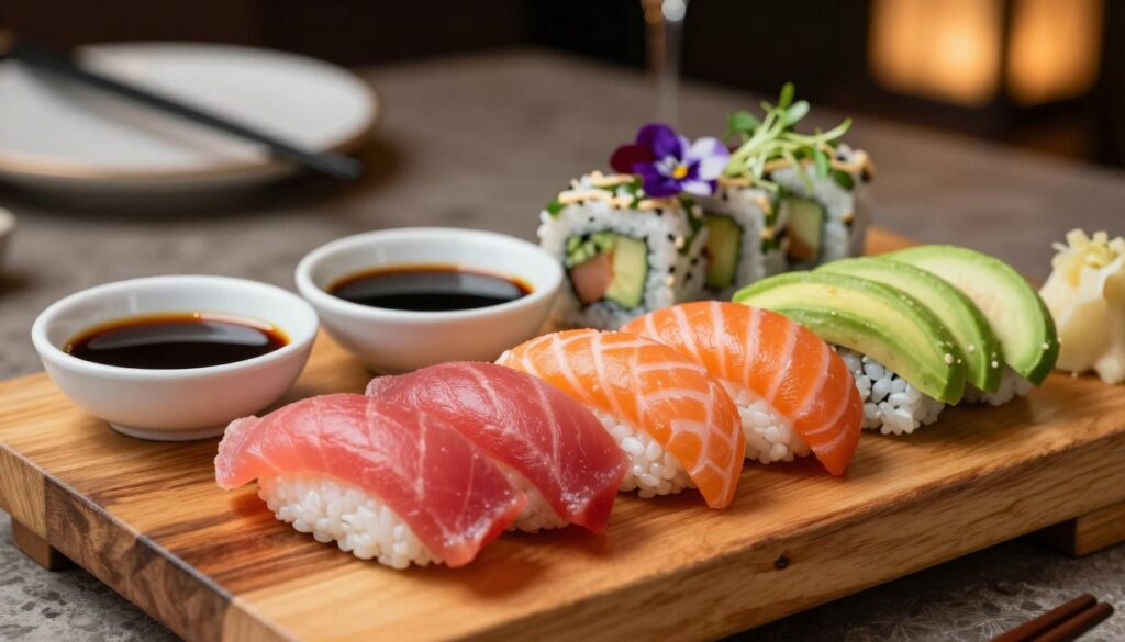 A beautifully arranged platter of homemade sushi, featuring an assortment of vibrant nigiri, maki rolls, and sashimi, artfully presented on a rustic wooden board. In the foreground, delicate pink tuna, bright green avocado, bright orange salmon, and thinly sliced cucumber are meticulously layered, showcasing their fresh colors. In the middle ground, small bowls of soy sauce and wasabi complement the sushi, while edible flowers and microgreens add an artistic touch. The background features a softly blurred, elegant dining setting with warm ambient lighting, creating a cozy atmosphere. Shot with a shallow depth of field to emphasize the sushi, this image captures the essence of aesthetic sushi serving, inviting viewers to indulge in the culinary artistry of this beloved dish.