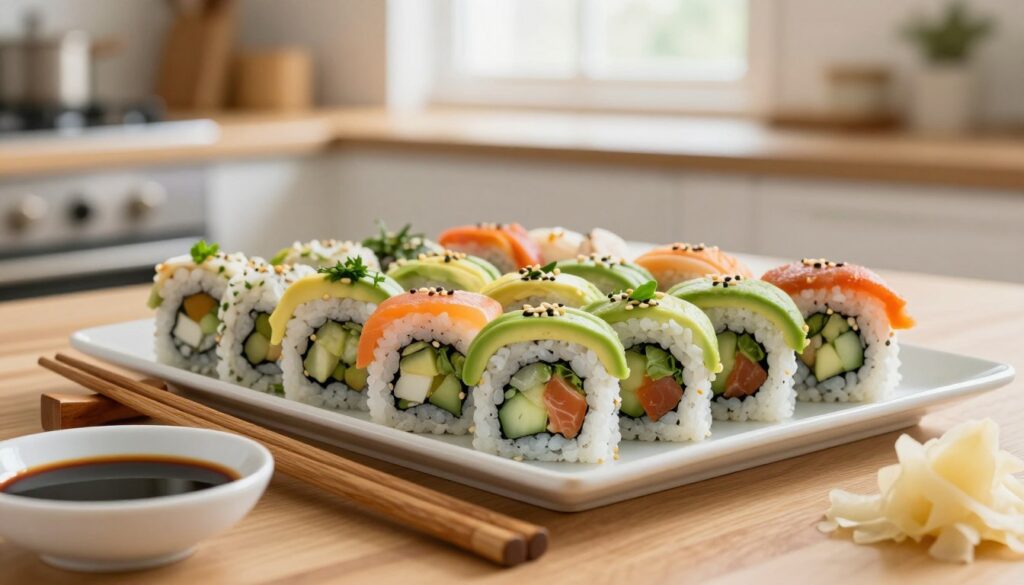 A beautifully arranged platter of homemade sushi, featuring vibrant rolls filled with fresh ingredients like avocado, cucumber, and colorful fish. In the foreground, place a pair of wooden chopsticks, elegantly positioned beside the sushi rolls, with a small dish of soy sauce and pickled ginger nearby. The middle ground showcases a variety of sushi types, including maki and nigiri, artfully garnished with sesame seeds and fresh herbs. The background should have a softly blurred kitchen setting, illuminated by warm, natural lighting filtering through a window, creating a cozy and inviting atmosphere. Use a shallow depth of field to focus on the sushi while subtly hinting at the kitchen’s wooden countertops and utensils. The overall mood is inviting and appetizing, perfect for illustrating a homemade sushi experience. A beautifully arranged platter of homemade sushi, featuring vibrant rolls filled with fresh ingredients like avocado, cucumber, and colorful fish. In the foreground, place a pair of wooden chopsticks, elegantly positioned beside the sushi rolls, with a small dish of soy sauce and pickled ginger nearby. The middle ground showcases a variety of sushi types, including maki and nigiri, artfully garnished with sesame seeds and fresh herbs. The background should have a softly blurred kitchen setting, illuminated by warm, natural lighting filtering through a window, creating a cozy and inviting atmosphere. Use a shallow depth of field to focus on the sushi while subtly hinting at the kitchen’s wooden countertops and utensils. The overall mood is inviting and appetizing, perfect for illustrating a homemade sushi experience.