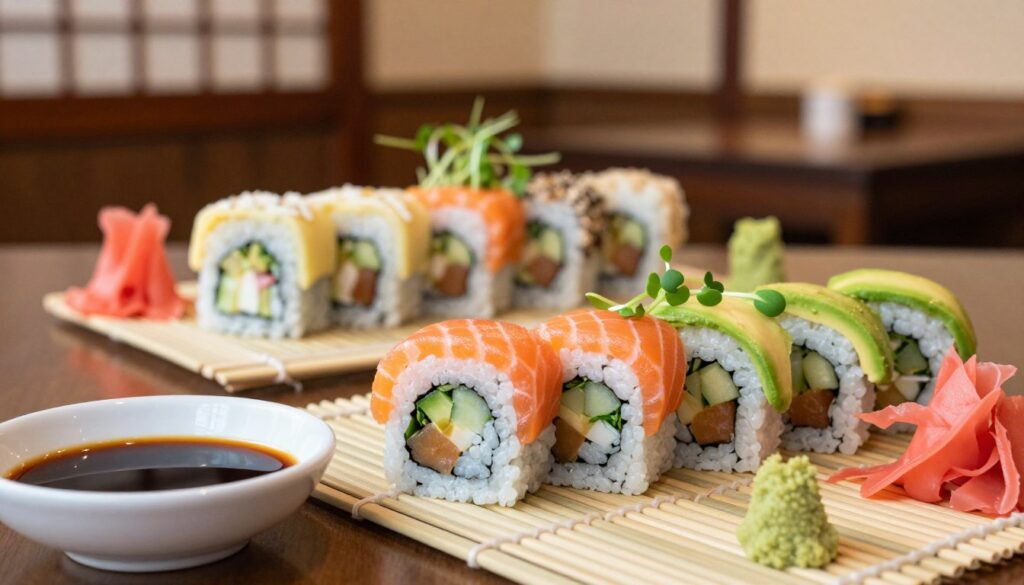 A beautifully arranged platter of maki sushi, showcasing a variety of colorful rolls such as salmon, avocado, and cucumber, placed on a bamboo mat. The foreground features a close-up of a few individual maki rolls, highlighting their vibrant colors and textures, accompanied by a small dish of soy sauce and pickled ginger. In the middle, a larger view of the sushi platter is displayed, elegantly garnished with wasabi and delicate microgreens for contrast. The background includes a softly blurred setting of a traditional Japanese restaurant, with subtle warm lighting creating an inviting atmosphere. The focus is sharp on the sushi, with a slightly shallow depth of field, evoking a sense of culinary artistry and inviting the viewer to appreciate the nutritional beauty of maki rolls.