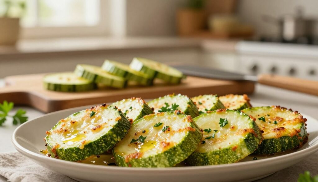 A beautifully arranged platter of perfectly fried zucchini slices, showcasing a golden-brown exterior with a crisp texture, set in the foreground. The zucchini is lightly seasoned, glistening with a hint of olive oil, and garnished with fresh herbs like parsley. In the middle, a wooden cutting board holds sliced zucchini, illustrating preparation steps, while a spatula rests nearby, hinting at the cooking process. The background features a softly blurred kitchen scene, with warm, inviting lighting emanating from a window, creating a cozy atmosphere. Use a shallow depth of field to emphasize the zucchini, with a slight vignette for added warmth. Convey a sense of home-cooked comfort and culinary delight, perfect for inspiring readers on the ideal frying time for zucchini.