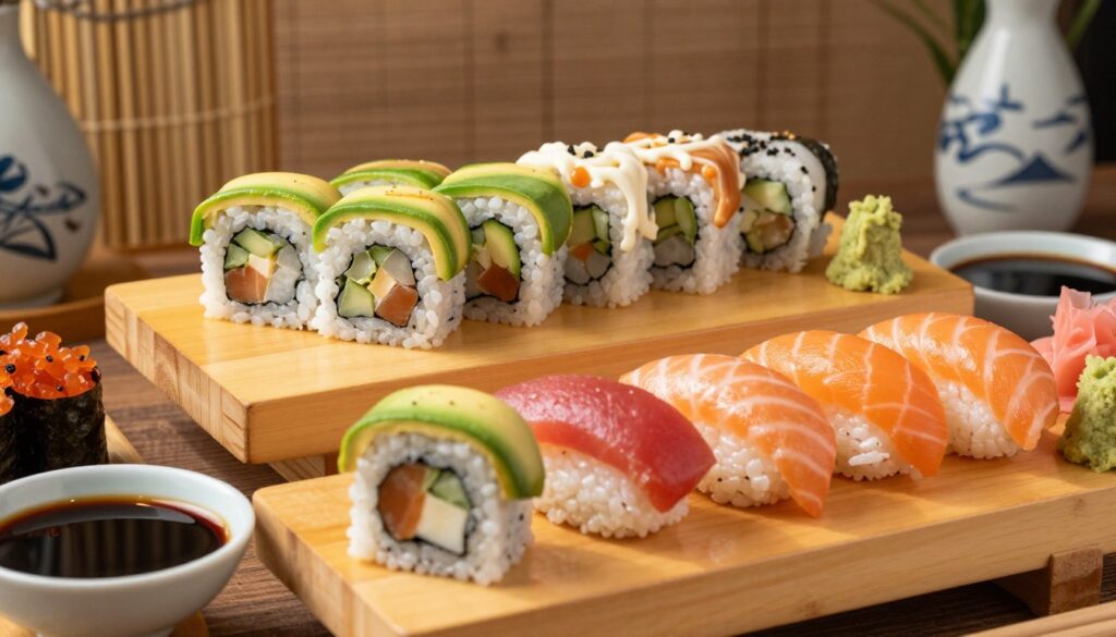 A beautifully arranged platter of sushi showcasing a variety of rolls, with distinct ingredients displayed prominently. In the foreground, vibrant pieces of classic sushi, such as avocado rolls, spicy tuna, and salmon nigiri, are artfully arranged alongside dipping sauces and garnishes like pickled ginger and wasabi. The middle layer features a detailed, close-up view of the sushi rolls, highlighting their textures and colors, all resting on a traditional wooden sushi board. In the background, soft-focus bamboo and subtle Japanese decor elements create an inviting atmosphere. The scene is illuminated with warm, natural light, casting gentle shadows to enhance the freshness of the sushi. The overall mood is serene and appetizing, perfect for a culinary discussion on sushi's calorie content based on its ingredients.