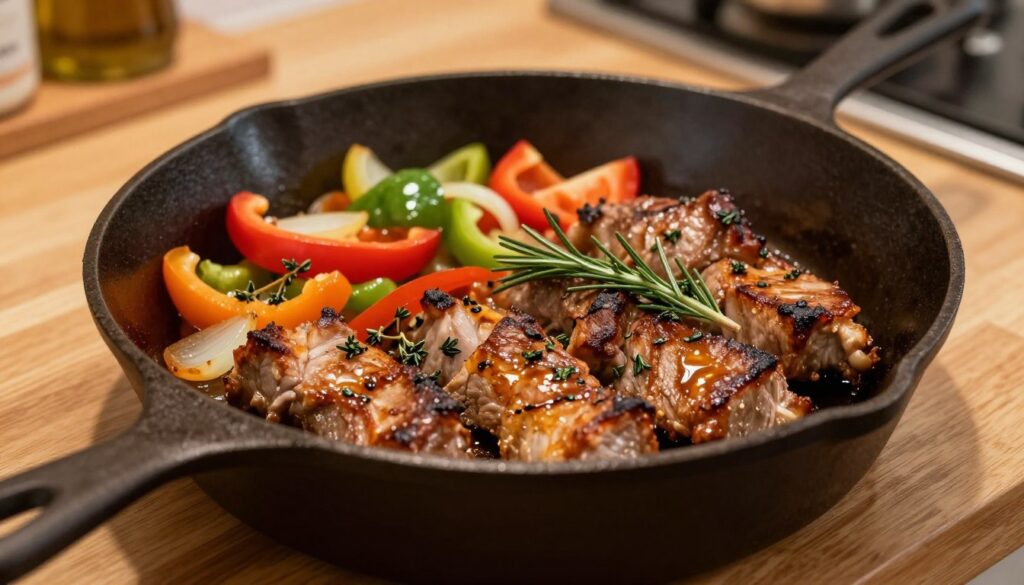 A beautifully arranged scene featuring a perfectly sautéed pork neck (karkówka) in a large cast-iron skillet on a wooden kitchen countertop. The foreground showcases the golden-brown, juicy pieces of meat, glistening with cooking oil and garnished with fresh herbs like rosemary and thyme. In the middle ground, there are vibrant vegetables such as bell peppers and onions sizzling alongside the meat, enhancing the colorful and appetizing look. The background displays a softly blurred kitchen environment with warm, inviting lighting that casts a cozy ambiance, emphasizing the home-cooked feel. Shot from a slightly elevated angle to capture the texture of the meat and the vibrant colors of the vegetables, the overall mood reflects warmth and the joy of cooking. A beautifully arranged scene featuring a perfectly sautéed pork neck (karkówka) in a large cast-iron skillet on a wooden kitchen countertop. The foreground showcases the golden-brown, juicy pieces of meat, glistening with cooking oil and garnished with fresh herbs like rosemary and thyme. In the middle ground, there are vibrant vegetables such as bell peppers and onions sizzling alongside the meat, enhancing the colorful and appetizing look. The background displays a softly blurred kitchen environment with warm, inviting lighting that casts a cozy ambiance, emphasizing the home-cooked feel. Shot from a slightly elevated angle to capture the texture of the meat and the vibrant colors of the vegetables, the overall mood reflects warmth and the joy of cooking.