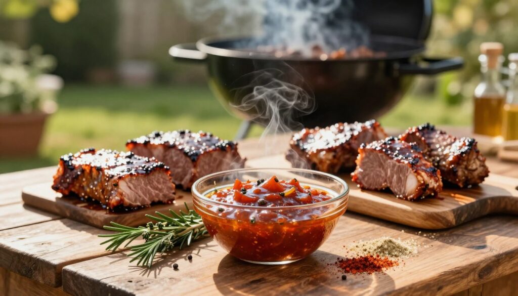 A beautifully arranged scene featuring essential BBQ ingredients for "marynata" displayed on a rustic wooden table. In the foreground, a vibrant glass bowl filled with a thick, smoky-sweet marinade glistens under the warm, golden sunlight. Surrounding the bowl are fresh herbs like rosemary and thyme, alongside spices such as paprika and garlic powder. In the middle ground, perfectly marinated cuts of meat are arranged, showcasing their rich, glossy coating. The background features an outdoor barbecue grill, softly blurred, with hints of a lush green garden. Gentle smoke curls up from the grill, enhancing the inviting atmosphere. The overall mood is warm and rustic, perfect for a summer gathering, captured with soft focus and warm lighting to evoke a cozy, appetizing feel.
