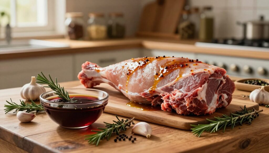 A beautifully arranged scene focused on marinating game meat, specifically wild boar, displayed on a rustic wooden kitchen table. In the foreground, a variety of herbs like rosemary and thyme, alongside garlic cloves and a bowl of rich, dark marinade made from red wine, olive oil, and spices are visually prominent. The middle ground features the raw, marinated wild boar meat, glistening with the marinade, accentuating its texture and color. In the background, softly blurred, are shelves filled with jars of spices and condiments, enhancing the homey atmosphere. A warm, golden light filters in from a nearby window, adding a cozy and inviting feel to the scene. Use a shallow depth of field to emphasize the foreground while creating a slightly blurred background. Overall, the mood conveys a sense of culinary tradition and skill in meat preparation. A beautifully arranged scene focused on marinating game meat, specifically wild boar, displayed on a rustic wooden kitchen table. In the foreground, a variety of herbs like rosemary and thyme, alongside garlic cloves and a bowl of rich, dark marinade made from red wine, olive oil, and spices are visually prominent. The middle ground features the raw, marinated wild boar meat, glistening with the marinade, accentuating its texture and color. In the background, softly blurred, are shelves filled with jars of spices and condiments, enhancing the homey atmosphere. A warm, golden light filters in from a nearby window, adding a cozy and inviting feel to the scene. Use a shallow depth of field to emphasize the foreground while creating a slightly blurred background. Overall, the mood conveys a sense of culinary tradition and skill in meat preparation.