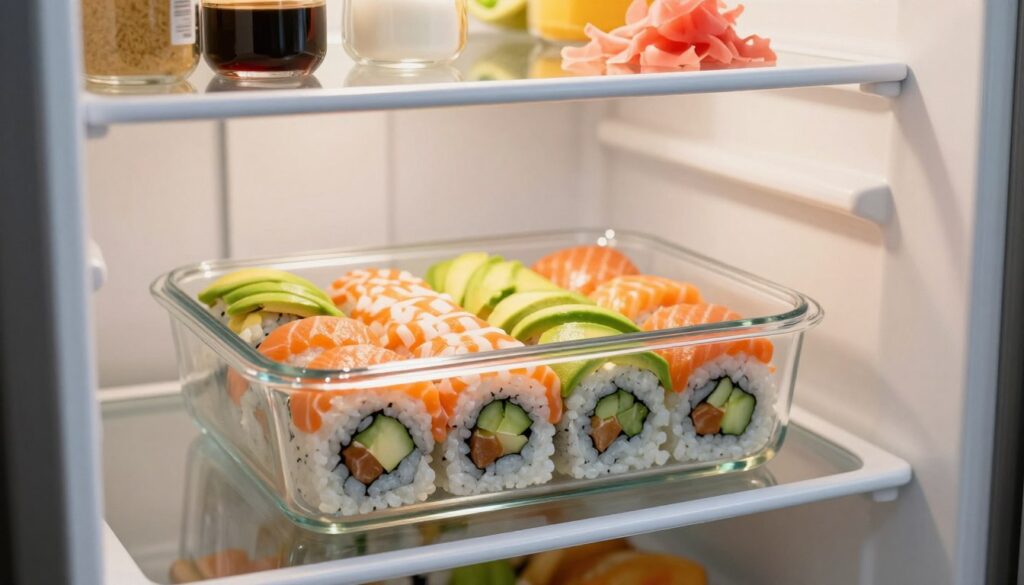 A beautifully arranged scene showcasing freshly prepared sushi rolls stored safely in a refrigerator. In the foreground, focus on an elegant glass container neatly filled with colorful sushi, including vibrant layers of avocado, salmon, and cucumber, resting on a wooden shelf. The middle section displays an open refrigerator with soft, ambient lighting illuminating the sushi, enhancing the fresh colors. In the background, gently blurred shelves accommodate various ingredients, like soy sauce and pickled ginger, creating a tidy kitchen atmosphere. The overall mood is calm and inviting, suggesting a clean and organized space for sushi preparation. Capture the image from a slight angle, highlighting the sushi’s details while showcasing the refrigerator’s inner workings.