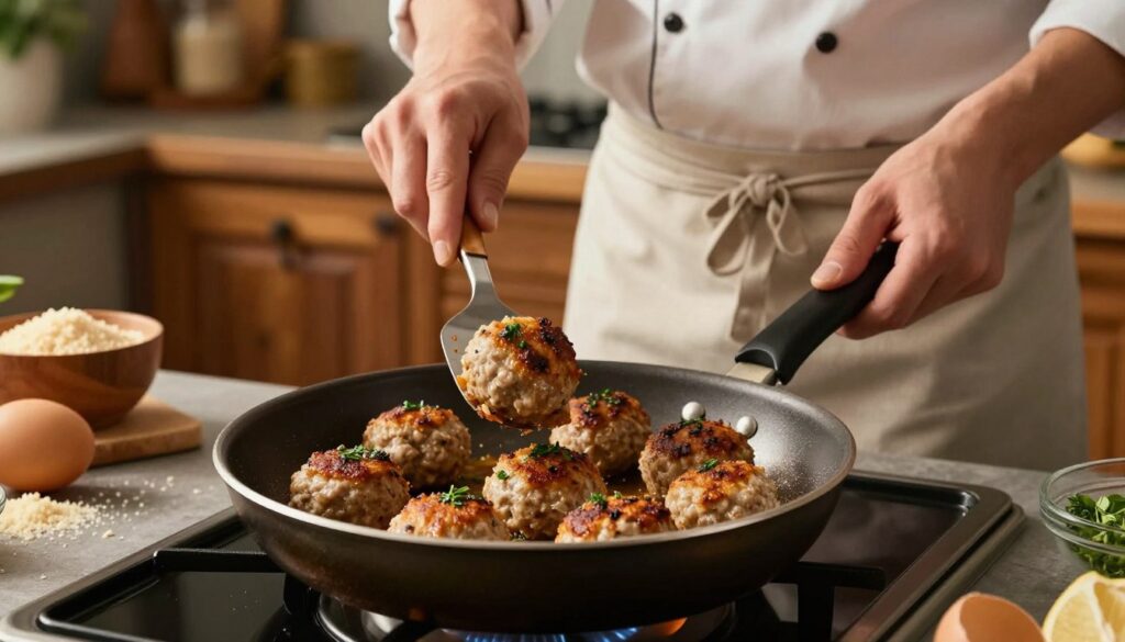 A beautifully arranged scene showcasing the art of frying meatballs, or "kotlety mielone." In the foreground, a frying pan sizzles with several golden-brown meatballs, perfectly crisp on the outside. The meatballs are garnished with fresh herbs, enhancing their appeal. In the middle ground, a cook in modest casual clothing is skillfully flipping the meatballs with a spatula, showcasing the technique. The background features a cozy kitchen setting, with rustic wooden cabinets and warm ambient lighting that creates an inviting atmosphere. Soft focus on surrounding utensils and ingredients like breadcrumbs and eggs, hinting at the preparation process. The lighting is warm and even, emphasizing the rich colors of the dish. The overall mood is homely and appetizing, making the viewer eager to learn about the frying techniques.