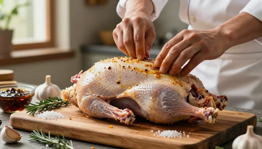 A beautifully arranged scene showcasing the process of marinating a goose. In the foreground, a fresh, whole goose is placed on a rustic wooden cutting board, surrounded by a variety of colorful ingredients: coarse sea salt, sprigs of rosemary, garlic cloves, and a small bowl of dark, aromatic marinade. The middle ground features a chef’s hands, expertly massaging the marinade into the goose's skin, highlighting the texture of both the meat and the marinade. In the background, a softly lit kitchen ambiance with herbs hanging and a hint of sunlight streaming through a window creates a warm, inviting atmosphere. The image is captured with a shallow depth of field, focusing sharply on the goose while softly blurring the background, evoking a sense of intimacy and culinary expertise. A beautifully arranged scene showcasing the process of marinating a goose. In the foreground, a fresh, whole goose is placed on a rustic wooden cutting board, surrounded by a variety of colorful ingredients: coarse sea salt, sprigs of rosemary, garlic cloves, and a small bowl of dark, aromatic marinade. The middle ground features a chef’s hands, expertly massaging the marinade into the goose's skin, highlighting the texture of both the meat and the marinade. In the background, a softly lit kitchen ambiance with herbs hanging and a hint of sunlight streaming through a window creates a warm, inviting atmosphere. The image is captured with a shallow depth of field, focusing sharply on the goose while softly blurring the background, evoking a sense of intimacy and culinary expertise.