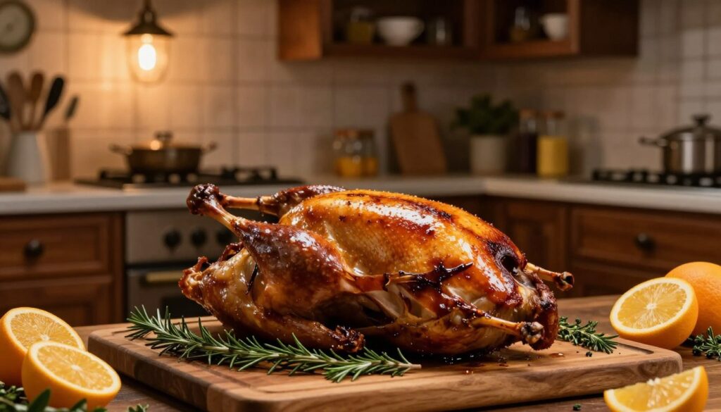 A beautifully arranged scene showcasing the technique of roasting a goose in a rustic kitchen. In the foreground, a perfectly golden-brown roasted goose rests on a wooden cutting board, glistening with an aromatic marinade. Surrounding it are fresh herbs like rosemary and thyme, and a sprig of citrus fruits for an added splash of color. In the middle, a traditional oven casting a warm, inviting glow illuminates the dark wood cabinets filled with kitchen tools and spices. The background reveals soft, ambient lighting from a hanging vintage lamp, creating a cozy and warm atmosphere. The angle captures the essence of traditional cooking, with a slight depth of field emphasizing the goose, making it the focal point of this delectable culinary art. The mood is festive and inviting, perfect for a holiday celebration.