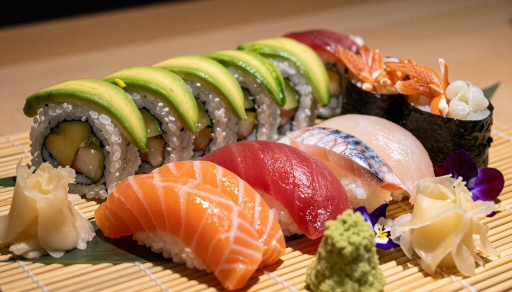 A beautifully arranged sushi platter showcasing the best fish and seafood for raw consumption. In the foreground, vibrant slices of salmon, tuna, and mackerel glisten tantalizingly, surrounded by delicate garnishes of wasabi, pickled ginger, and edible flowers. In the middle, elegant nigiri and maki rolls exhibit fresh avocado and cucumber, with thinly sliced fish draped over them. The background features a subtle bamboo mat, enhancing the authentic sushi dining experience. Soft, warm lighting casts gentle shadows, creating a serene and inviting atmosphere. The composition captures the essence of fresh, high-quality ingredients, evoking a sense of culinary artistry and tradition. Shot from a slightly elevated angle with a shallow depth of field to emphasize the vibrant colors and textures of the sushi.