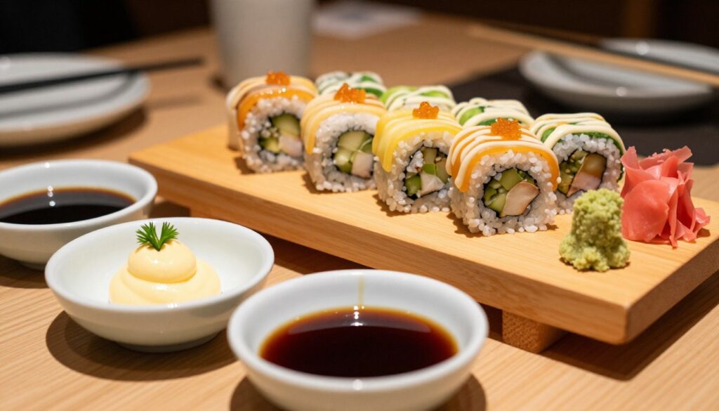 A beautifully arranged sushi presentation featuring an array of vibrant, flavor-enhancing sauces and pastes. In the foreground, showcase small elegant dipping bowls filled with spicy mayonnaise, rich eel sauce, and zesty ponzu, each garnished with fresh herbs. In the middle ground, display a variety of sushi rolls artfully arranged on a wooden board, complemented by delicate wasabi and pickled ginger. The background should feature soft, blurred elements of a traditional Japanese setting, like bamboo and simple tableware. Use warm, inviting lighting to create an intimate atmosphere, with a slight overhead angle to capture the vivid colors and textures of the sushi and sauces. Focus on a clean, appetizing aesthetic that highlights the delectable flavors of sushi accompaniments. A beautifully arranged sushi presentation featuring an array of vibrant, flavor-enhancing sauces and pastes. In the foreground, showcase small elegant dipping bowls filled with spicy mayonnaise, rich eel sauce, and zesty ponzu, each garnished with fresh herbs. In the middle ground, display a variety of sushi rolls artfully arranged on a wooden board, complemented by delicate wasabi and pickled ginger. The background should feature soft, blurred elements of a traditional Japanese setting, like bamboo and simple tableware. Use warm, inviting lighting to create an intimate atmosphere, with a slight overhead angle to capture the vivid colors and textures of the sushi and sauces. Focus on a clean, appetizing aesthetic that highlights the delectable flavors of sushi accompaniments.