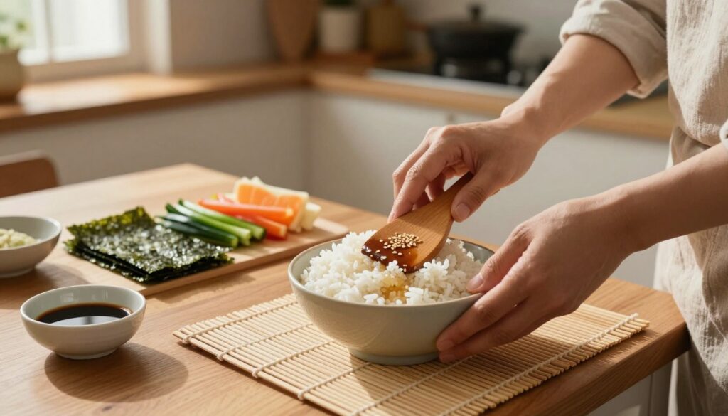 A beautifully arranged sushi rice preparation scene, featuring a bamboo mat, a bowl of glistening, perfectly cooked sushi rice, and a wooden paddle. In the foreground, a pair of hands in modest, casual attire expertly mixing rice with rice vinegar and a sprinkle of sesame seeds. The middle ground showcases fresh ingredients like nori sheets, sliced vegetables, and a small dish of soy sauce on a wooden table. The background includes a softly lit kitchen setting, with warm, inviting tones and subtle decor, emphasizing a cozy cooking atmosphere. Soft, natural light streams in from a nearby window, casting gentle shadows that highlight the rich textures of the rice and ingredients. The overall mood is inviting, focused on the careful process of preparing sushi rice step by step. A beautifully arranged sushi rice preparation scene, featuring a bamboo mat, a bowl of glistening, perfectly cooked sushi rice, and a wooden paddle. In the foreground, a pair of hands in modest, casual attire expertly mixing rice with rice vinegar and a sprinkle of sesame seeds. The middle ground showcases fresh ingredients like nori sheets, sliced vegetables, and a small dish of soy sauce on a wooden table. The background includes a softly lit kitchen setting, with warm, inviting tones and subtle decor, emphasizing a cozy cooking atmosphere. Soft, natural light streams in from a nearby window, casting gentle shadows that highlight the rich textures of the rice and ingredients. The overall mood is inviting, focused on the careful process of preparing sushi rice step by step.