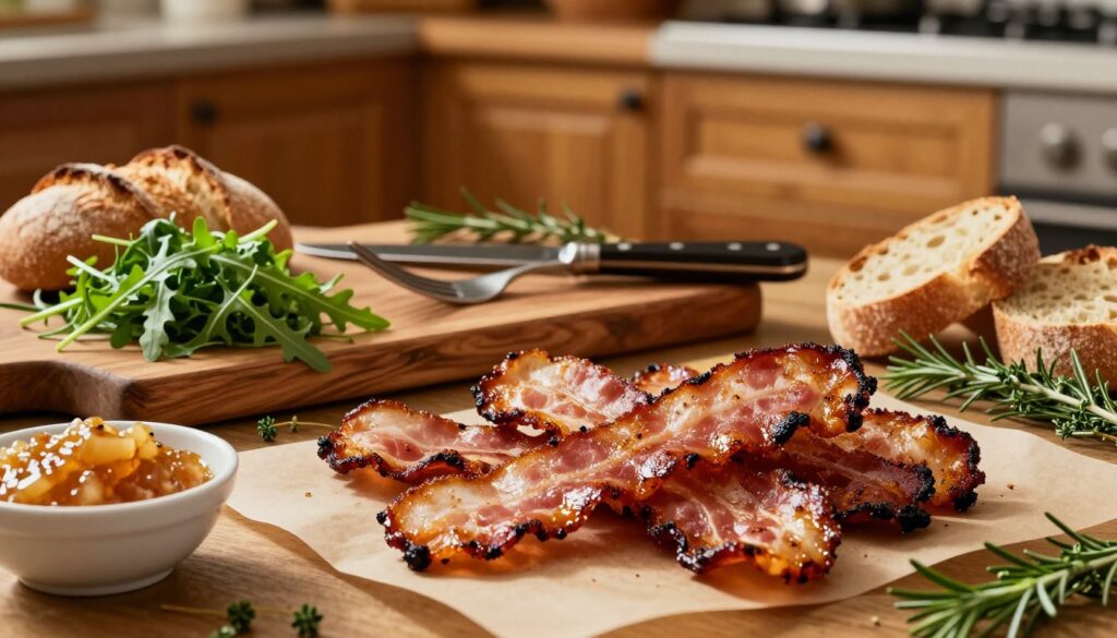 A beautifully arranged table scene showcasing the best accompaniments for serving roasted bacon. In the foreground, a perfectly cooked platter of crispy, caramelized bacon glistens under warm, inviting light. Surrounding the bacon are rustic elements like freshly baked bread rolls, vibrant green arugula, and a small bowl of tangy apple chutney. The middle section features an elegant carving knife and fork, positioned beside an artisan wooden serving board. Lush herbs like rosemary and thyme add a touch of color and freshness. In the background, a softly blurred kitchen setting with warm wooden cabinets enhances the cozy atmosphere. The lighting is ambient, casting gentle shadows that create depth and draw focus to the savory elements in the foreground, inviting viewers to savor the experience.