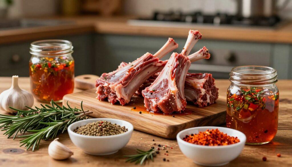 A beautifully arranged table showcasing a variety of lamb marinades designed to enhance flavor and tenderness. In the foreground, a selection of colorful ingredients such as fresh herbs (rosemary, thyme), garlic cloves, and vibrant spices (paprika, cumin) in small bowls, alongside a freshly prepared marinade in a glass jar. In the middle, delicate cuts of lamb are artfully displayed on a wooden cutting board, glistening with the marinade, suggesting a mouth-watering preparation. The background is softly blurred, featuring a rustic kitchen setting with warm lighting that creates an inviting atmosphere. The overall mood is warm and appetizing, perfect for highlighting the art of marinating lamb.