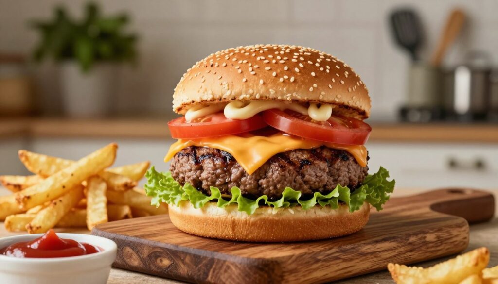 A beautifully crafted beef burger, perfectly grilled to a medium doneness, sits appetizingly on a rustic wooden board. The burger features a juicy patty, glistening with grill marks, topped with melted cheddar cheese, fresh lettuce, ripe tomato slices, and a hint of mayonnaise, all nestled within a lightly toasted sesame seed bun. In the foreground, there are side dishes of crispy golden fries and a small bowl of ketchup. The middle ground showcases a cozy kitchen setting with warm, inviting lighting, emphasizing the rich colors of the burger. In the background, soft-focus green herbs and cooking utensils add a touch of culinary ambiance. The overall atmosphere is warm and inviting, encouraging the viewer to indulge in the experience of savoring the perfect beef burger.