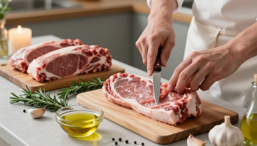 A beautifully laid out kitchen counter featuring a selection of fresh veal, with a focus on raw, marbled cuts glistening under soft, natural light. In the foreground, a pair of hands, clad in a clean apron, carefully trims excess fat from the meat with a sharp knife, showcasing attention to detail. Surrounding the meat, vibrant herbs and spices are artfully arranged—sprigs of rosemary, garlic cloves, and a small bowl of olive oil. In the background, a wooden cutting board and a flickering candle create a warm, inviting atmosphere, enhancing the mood of culinary preparation. Capture the scene at a slight angle to highlight the texture of the meat and the chef’s focused expression, evoking an ambiance of care and craftsmanship.