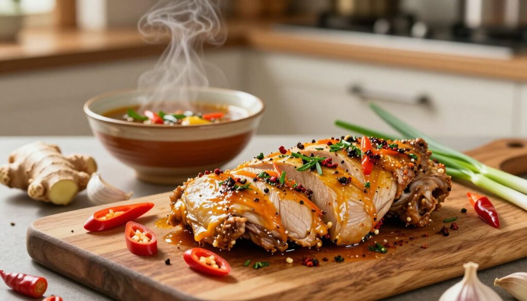 A beautifully marinated turkey fillet, displaying vibrant colors from an aromatic oriental marinade. In the foreground, the turkey is arranged on a rustic wooden cutting board, glistening with spices and herbs. Fresh ginger, garlic cloves, and colorful slices of red chili and green scallions are artistically scattered around the turkey, adding a touch of freshness. In the middle ground, a traditional ceramic bowl holds more marinade, with steam gently rising, suggesting warmth and inviting aroma. The background features a softly blurred kitchen interior, bathed in warm, natural light, creating a cozy atmosphere. The image conveys a blend of culinary artistry and homey charm, enticing viewers to explore oriental flavors in their cooking.