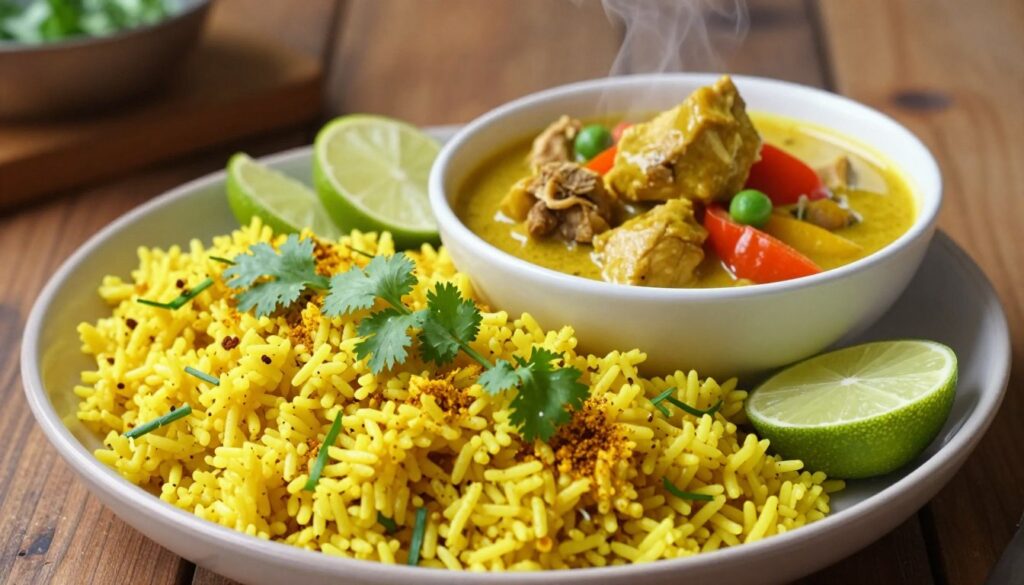 A beautifully plated bowl of curry rice, with vibrant yellow grains infused with aromatic spices, such as turmeric and cumin. The foreground features the rice garnished with fresh herbs like cilantro and slices of lime, adding a pop of green. In the middle background, there is a small bowl of chicken curry, rich and creamy, with tender pieces of meat and colorful vegetables like bell peppers and peas. The setting is a rustic wooden table, bathed in soft, warm light, creating a cozy atmosphere. The angle is slightly overhead, capturing both the rice and curry in detail. A delicate steam wafts above, adding to the sense of warmth and deliciousness of this comforting dish.
