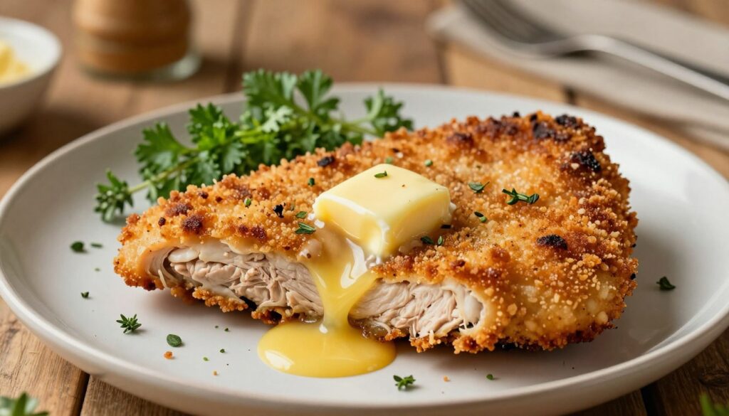 A beautifully plated chicken cutlet or "devolaj" is showcased in the foreground, featuring a golden-brown, crispy breadcrumb coating that hints at the juicy, succulent meat inside. Amidst the cutlet, a rich, melting pat of butter oozes out, glistening under warm, ambient lighting. Fresh herbs, such as parsley or thyme, are delicately sprinkled around the plate, adding a vibrant pop of green. The background is softly blurred, revealing a rustic wooden kitchen table, creating an inviting, home-cooked atmosphere. The composition is shot from a slightly elevated angle, capturing the texture of the breading and the buttery center. The overall mood is warm and appetizing, evoking a sense of culinary perfection. A beautifully plated chicken cutlet or "devolaj" is showcased in the foreground, featuring a golden-brown, crispy breadcrumb coating that hints at the juicy, succulent meat inside. Amidst the cutlet, a rich, melting pat of butter oozes out, glistening under warm, ambient lighting. Fresh herbs, such as parsley or thyme, are delicately sprinkled around the plate, adding a vibrant pop of green. The background is softly blurred, revealing a rustic wooden kitchen table, creating an inviting, home-cooked atmosphere. The composition is shot from a slightly elevated angle, capturing the texture of the breading and the buttery center. The overall mood is warm and appetizing, evoking a sense of culinary perfection.