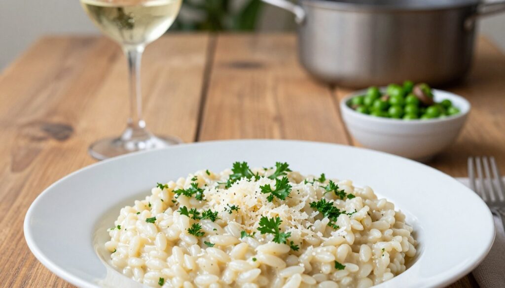 A beautifully plated dish of creamy risotto made with Arborio rice, showcasing the perfect texture of the grains—plump and slightly al dente. In the foreground, the risotto is garnished with fresh parsley and a sprinkle of grated Parmesan cheese, creating a vibrant contrast against the creamy white of the dish. The middle ground features a wooden rustic table, adding warmth to the scene, with a glistening glass of white wine and a small bowl of peas or mushrooms nearby to emphasize the ingredients. Soft, natural light bathes the entire setup, creating an inviting and comforting atmosphere. The background hints at a cozy kitchen with subtle elements, like a pot and ladle, enhancing the culinary context of the image.