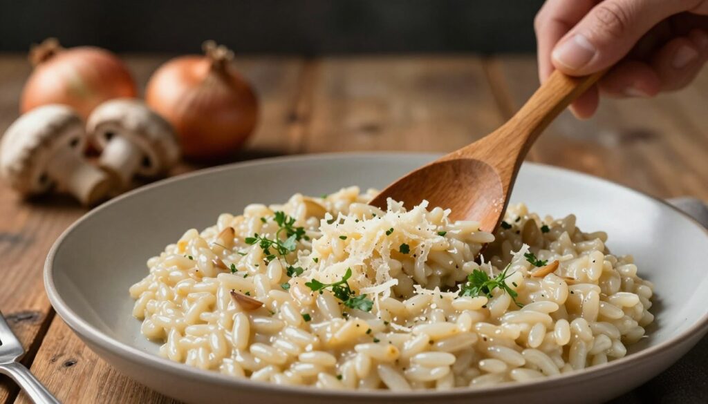 A beautifully plated risotto made with Arborio rice, showcasing a creamy texture and perfectly cooked, individual grains glistening under soft, warm lighting. In the foreground, a close-up view allows the viewer to appreciate the richness of the dish, garnished with fresh herbs and a sprinkle of grated Parmesan cheese. In the middle ground, a hand elegantly stirs the risotto with a wooden spoon, emphasizing the process of achieving the ideal creaminess. The background features a rustic wooden table and a few ingredients like fresh mushrooms and onions, softly blurred to enhance focus on the risotto. The overall mood is inviting and warm, creating an atmosphere that highlights the care and precision necessary for making the perfect risotto.